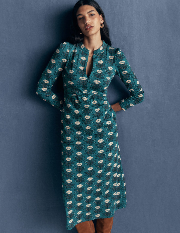 Hope Zip Detail Jersey Dress-Storm Blue, Flourishing Buds