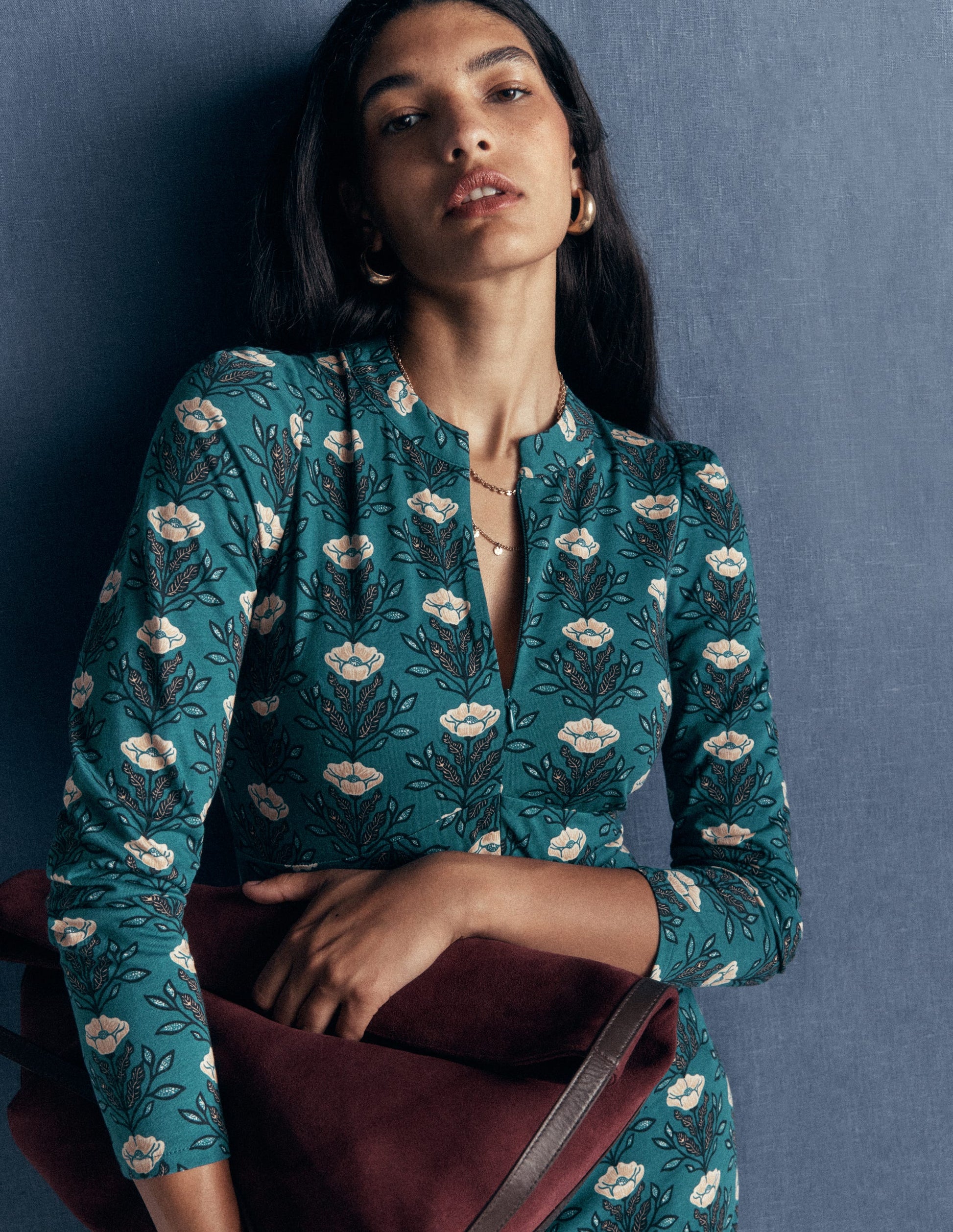 Hope Zip Detail Jersey Dress-Storm Blue, Flourishing Buds-2