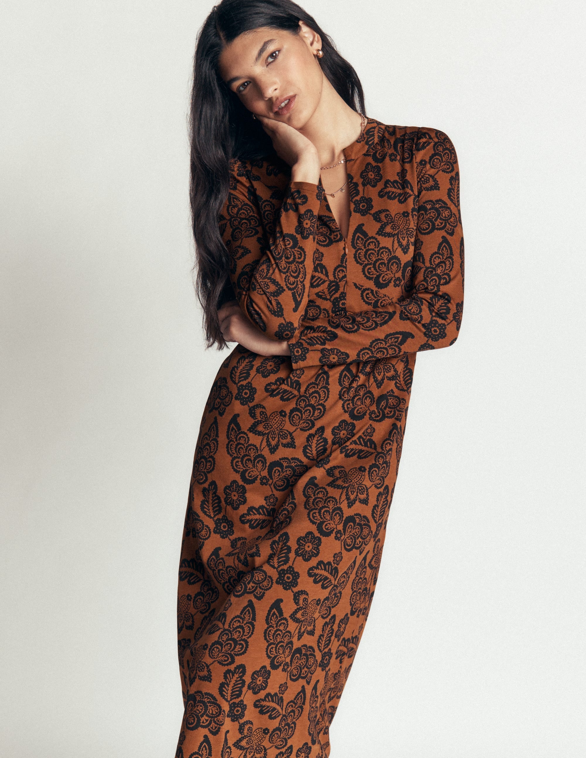 Hope Zip Detail Jersey Dress-Russet, Tickled Meadows - Image 5
