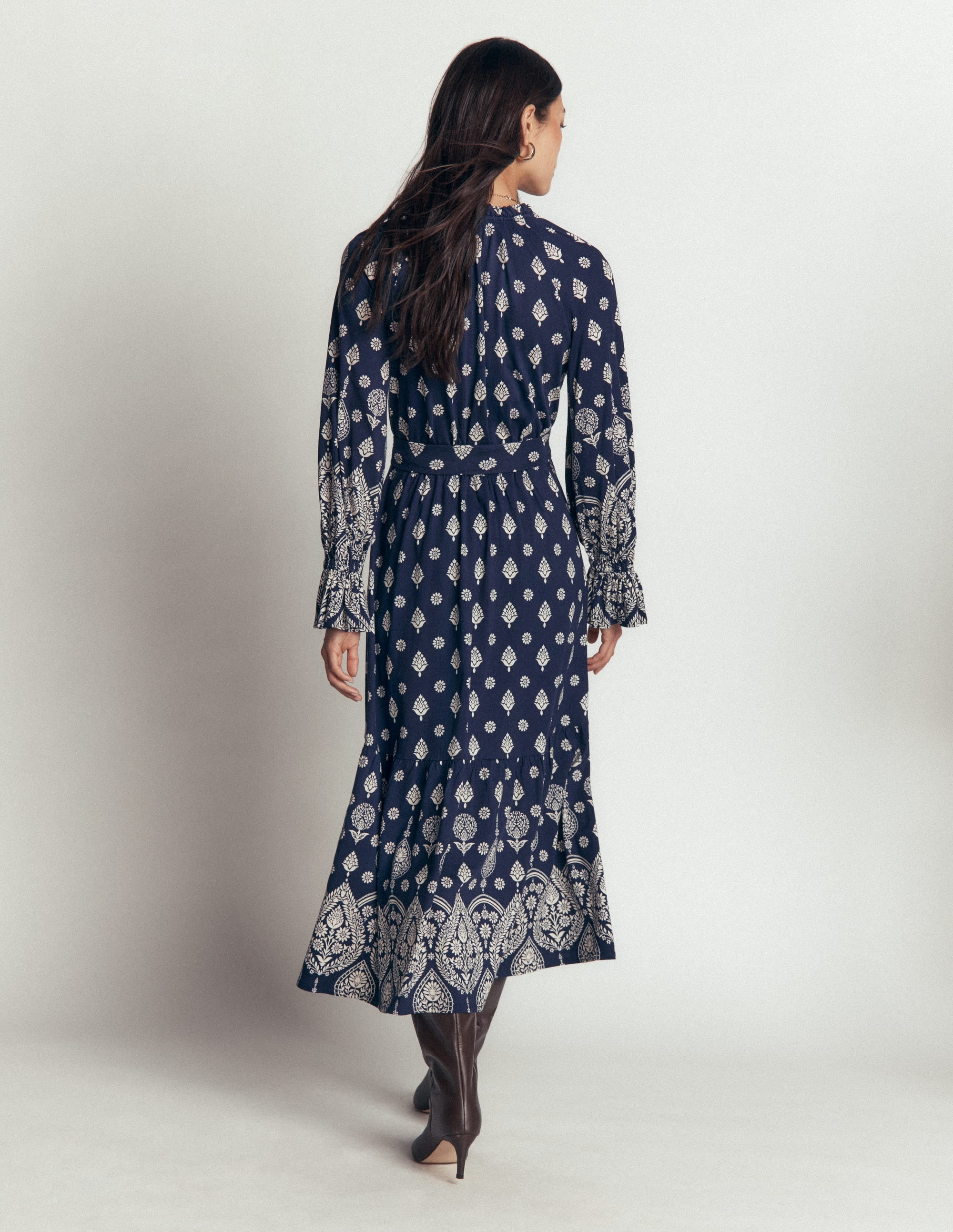Blouson Tiered Jersey Dress-French Navy, Ornate Gardenia - Image 4