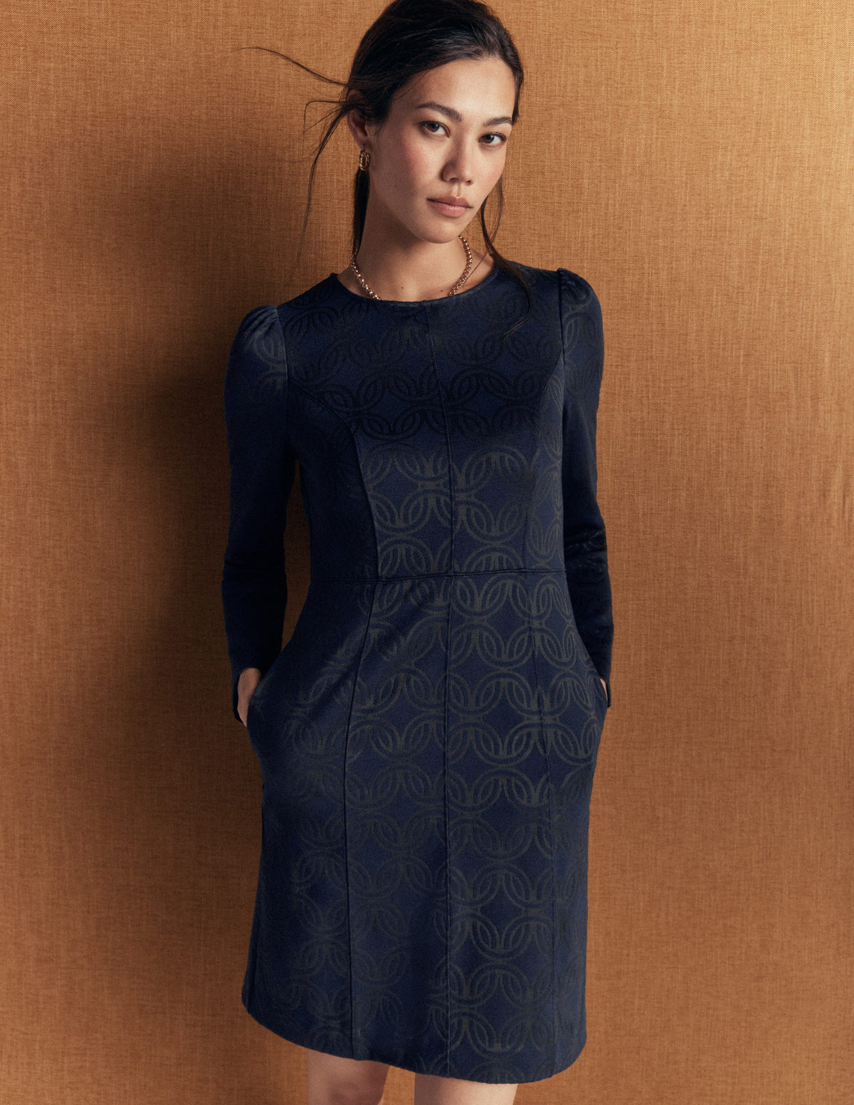 Marla Seamed Ottoman Dress-Navy and Forest Glade Jacquard - Image 1