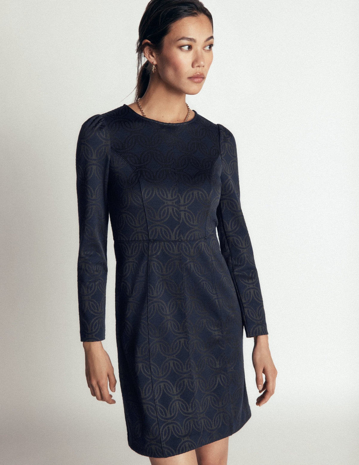 Marla Seamed Ottoman Dress-Navy and Forest Glade Jacquard-4