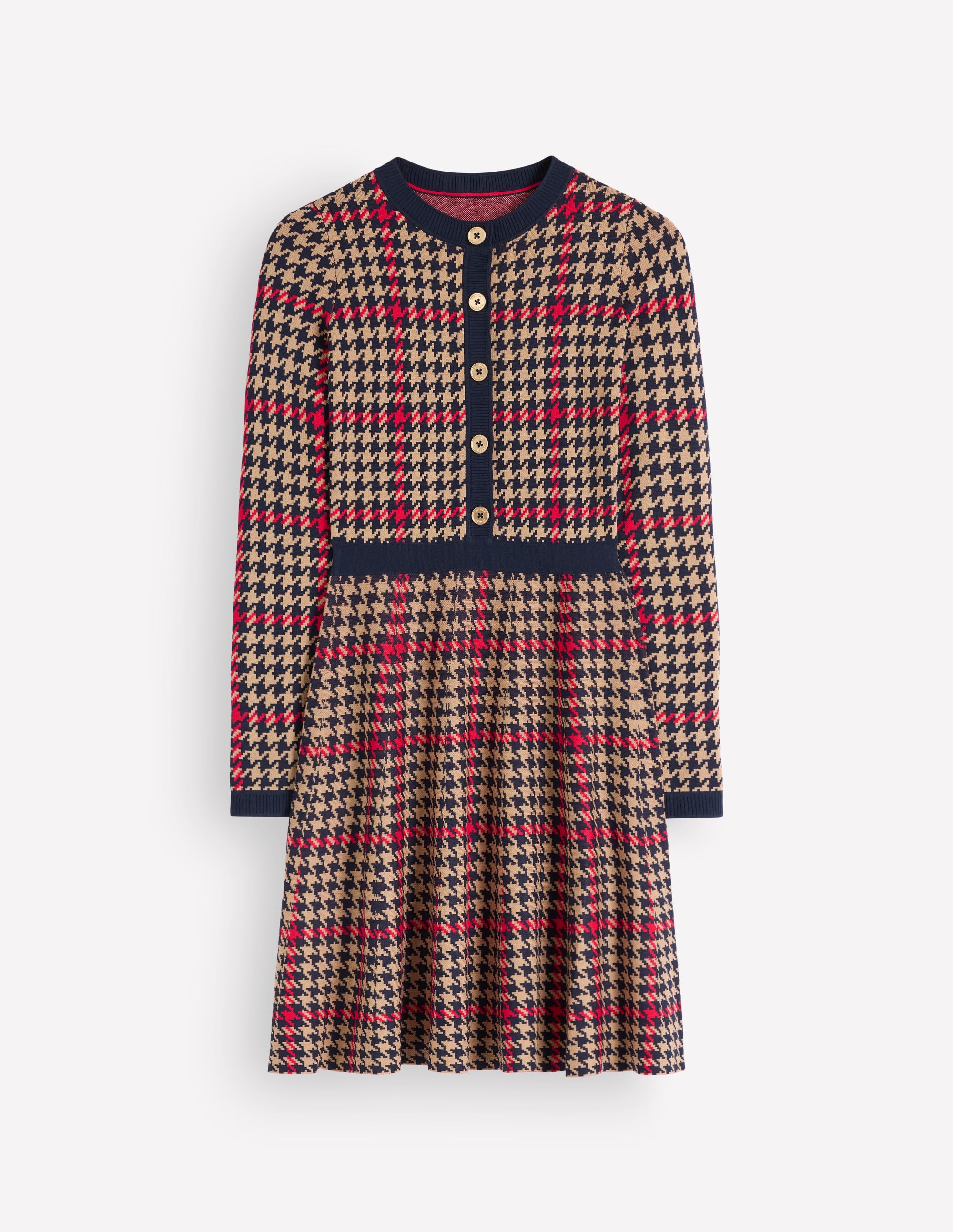 Crew Neck Jacquard Dress-Navy, Camel, Red Check - Image 7