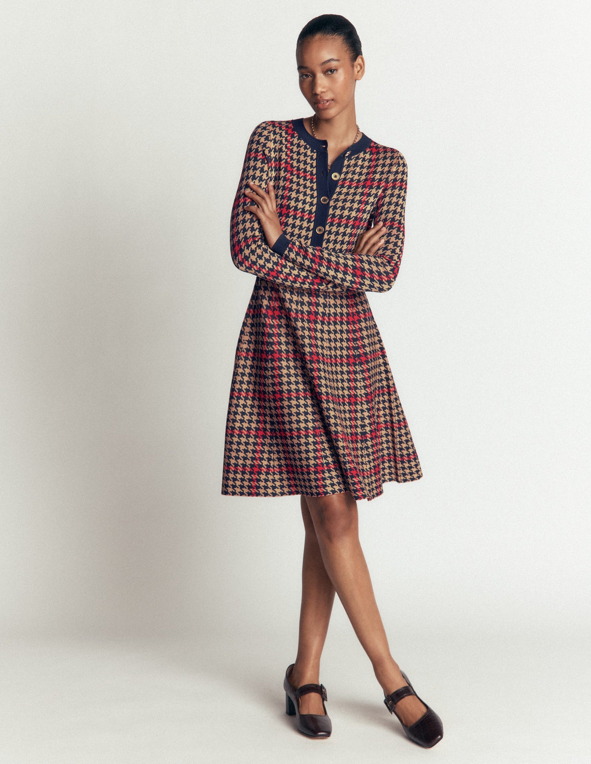 Crew Neck Jacquard Dress-Navy, Camel, Red Check-1