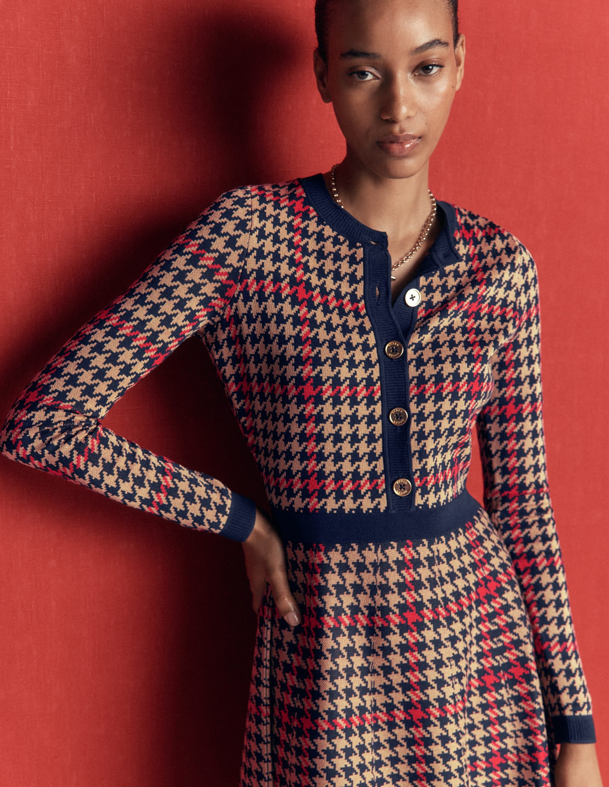 Crew Neck Jacquard Dress-Navy, Camel, Red Check - Image 2