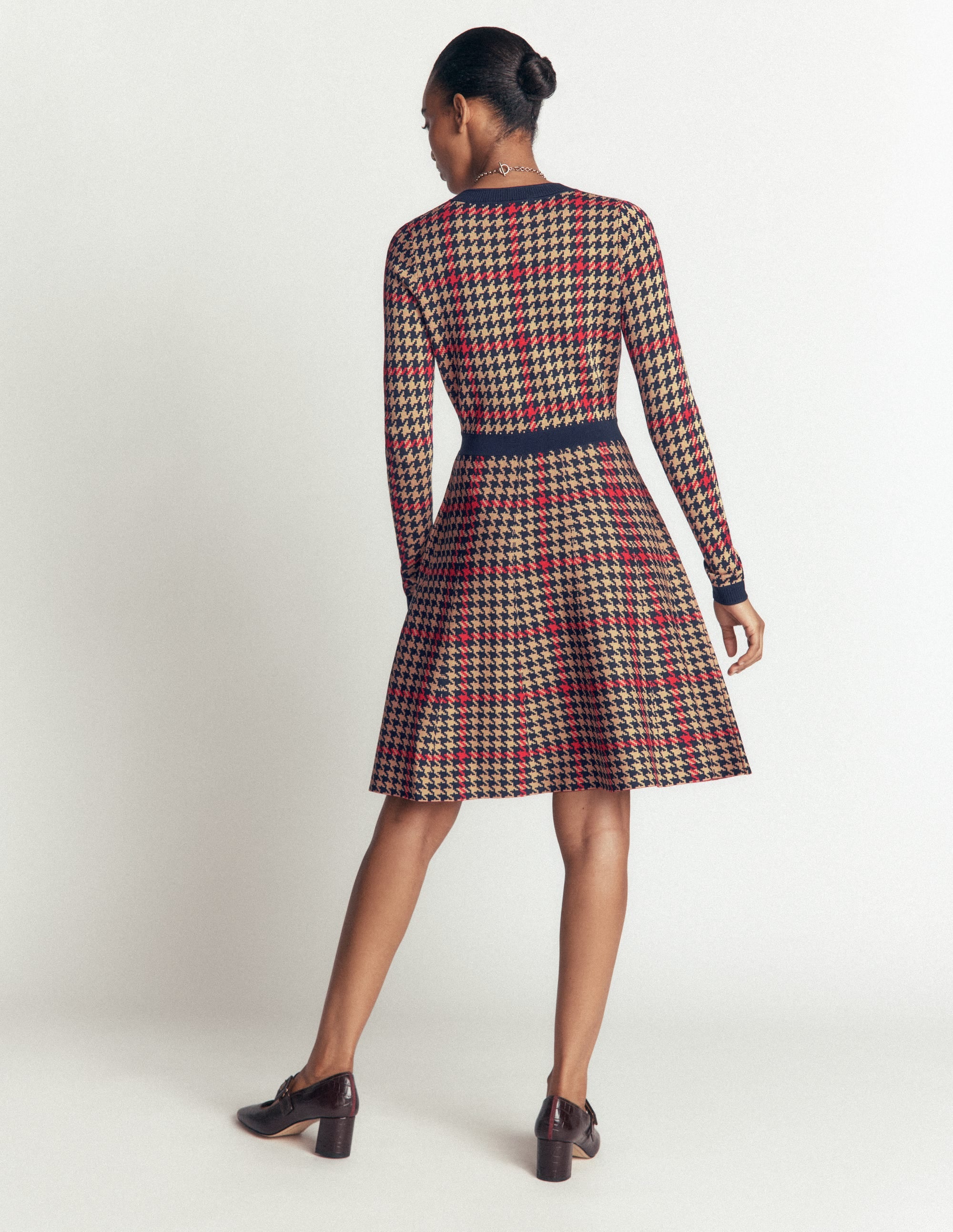 Crew Neck Jacquard Dress-Navy, Camel, Red Check - Image 3