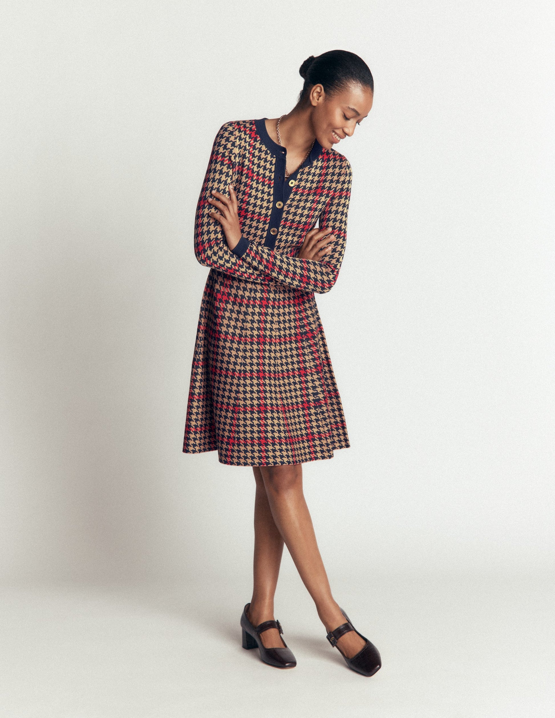 Crew Neck Jacquard Dress-Navy, Camel, Red Check-4