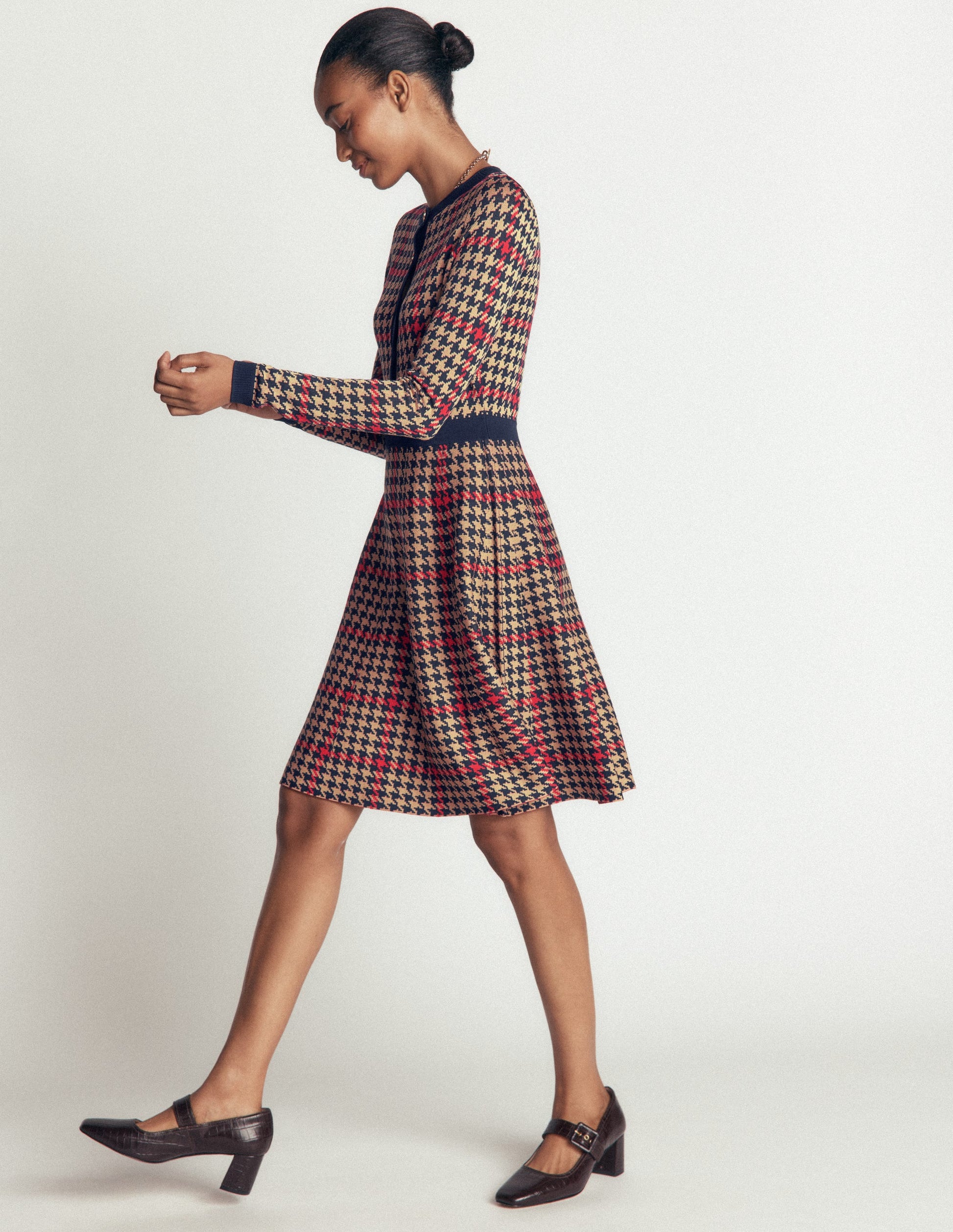 Crew Neck Jacquard Dress-Navy, Camel, Red Check-5