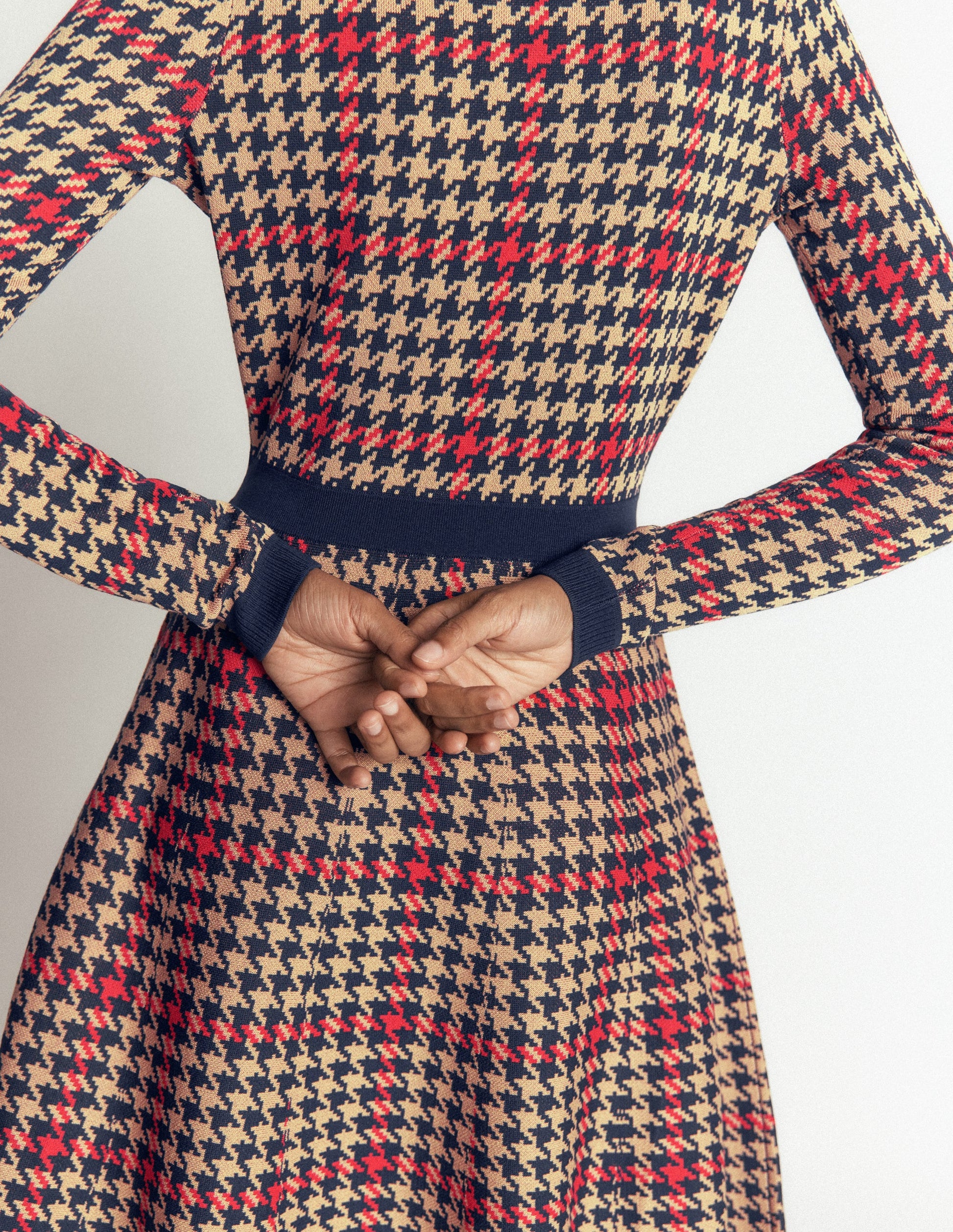 Crew Neck Jacquard Dress-Navy, Camel, Red Check-6