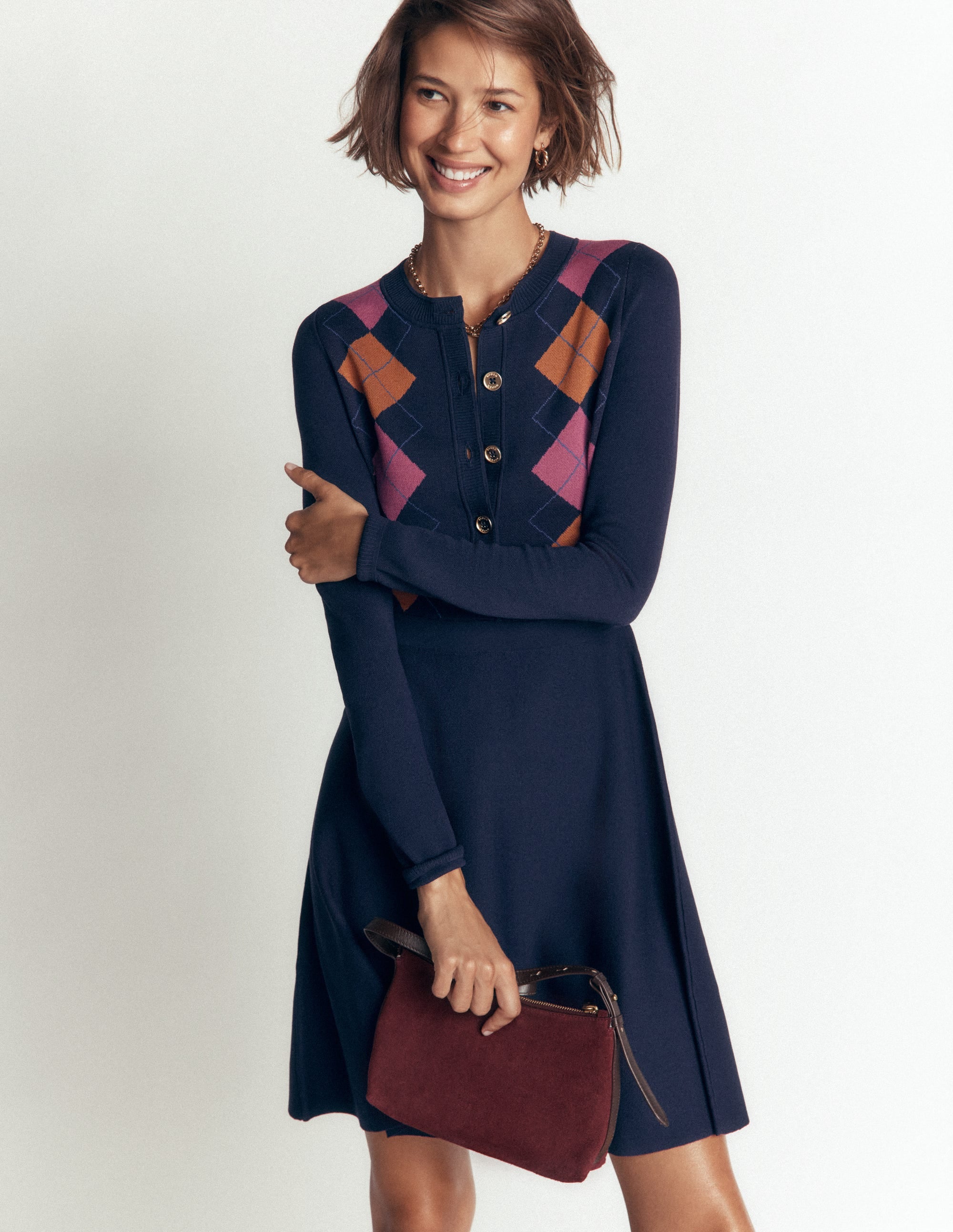 Crew Neck Jacquard Dress-Navy Jacquard - Image 2