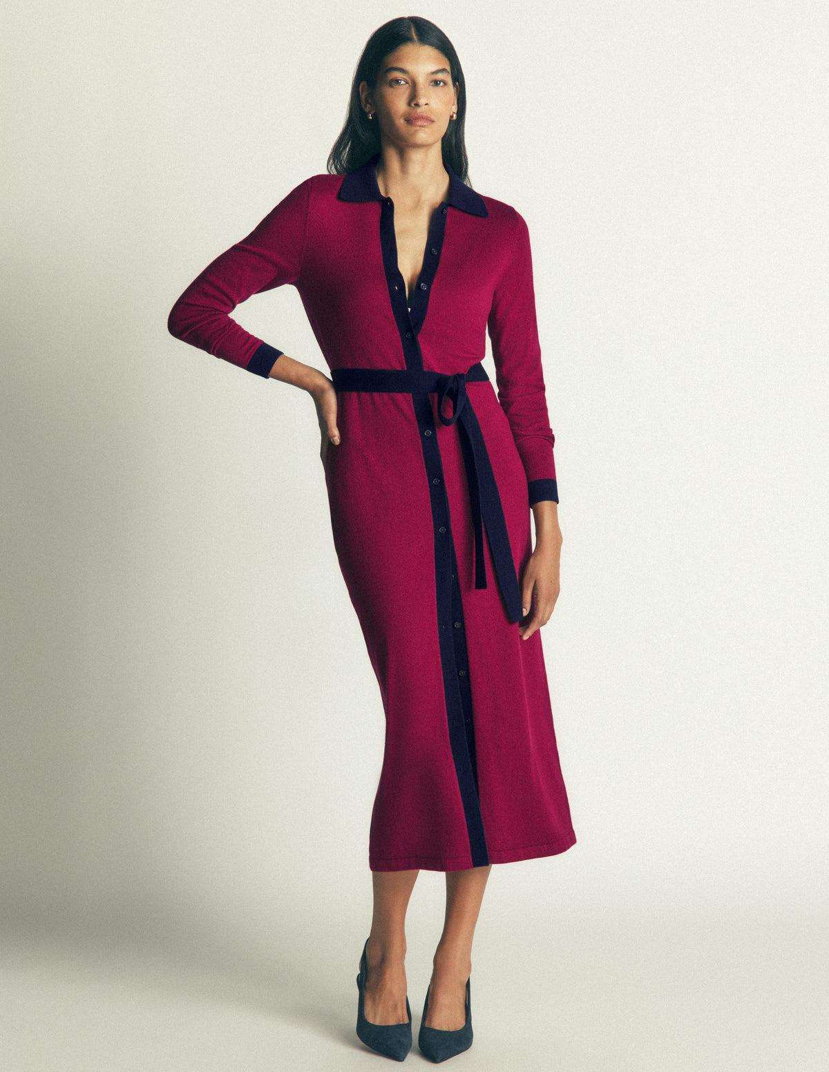 Jessica Knitted Shirt Dress-Rumba Red, Evening Blue - Image 4