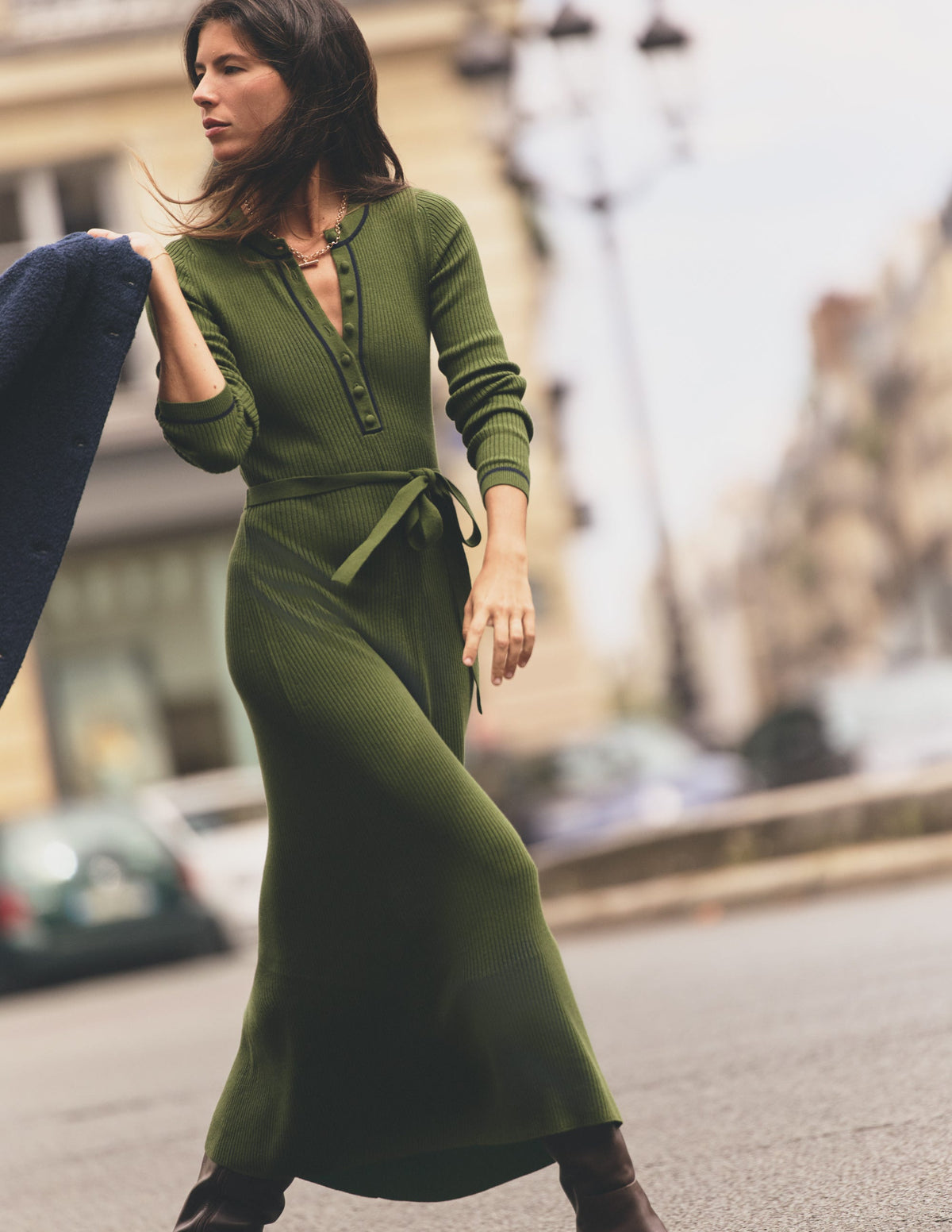 Paula Ribbed Crew Dress-Brunswick Green, Evening Blue-1