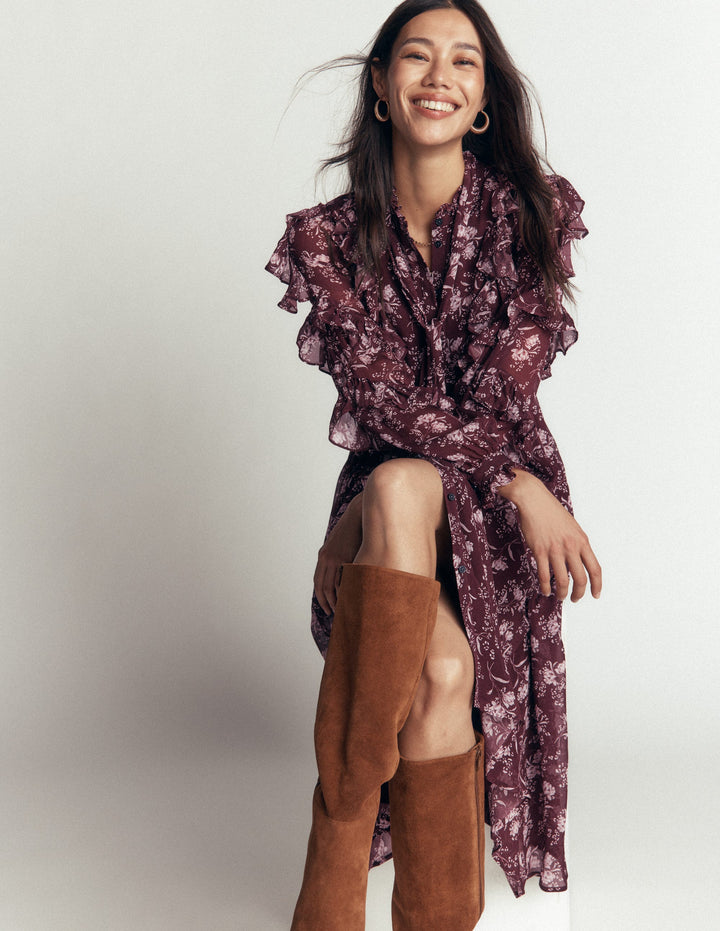Ruffle Tie Neck Dress-Brown, Enchanted Sprigs