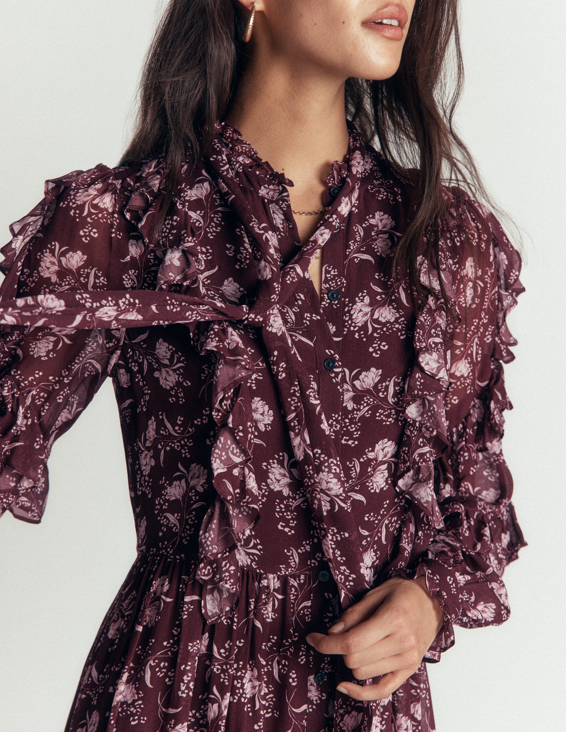 Ruffle Tie Neck Dress-Brown, Enchanted Sprigs-4