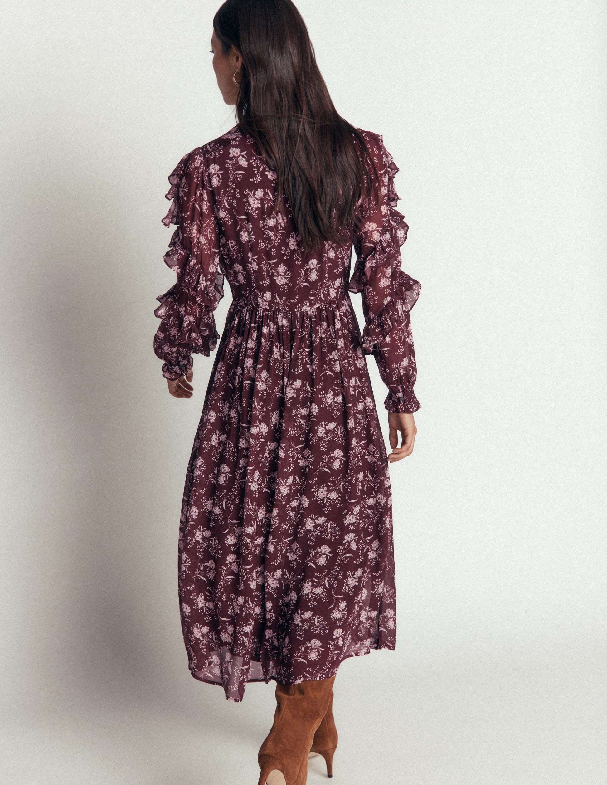 Ruffle Tie Neck Dress-Brown, Enchanted Sprigs-5