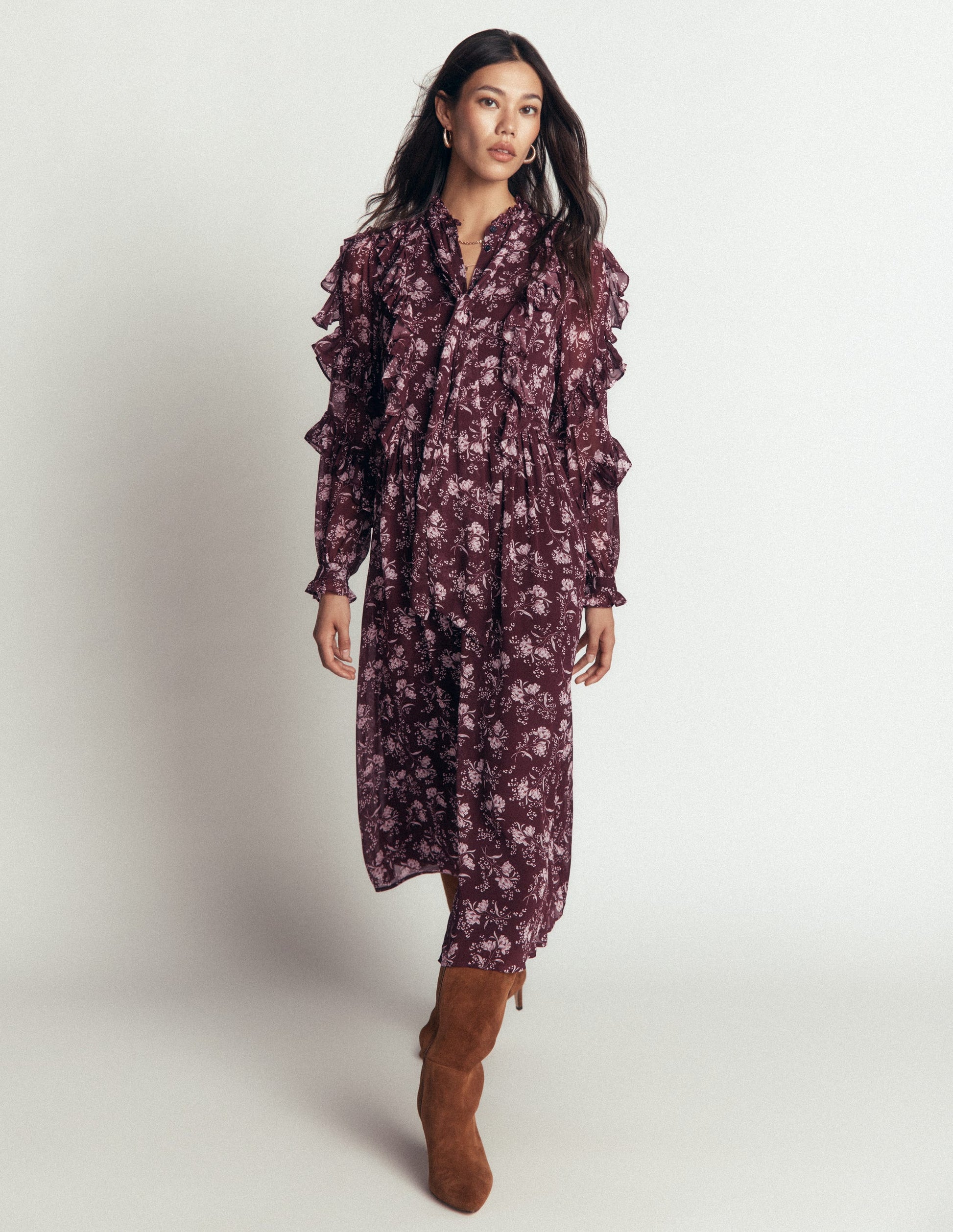 Ruffle Tie Neck Dress-Brown, Enchanted Sprigs-6
