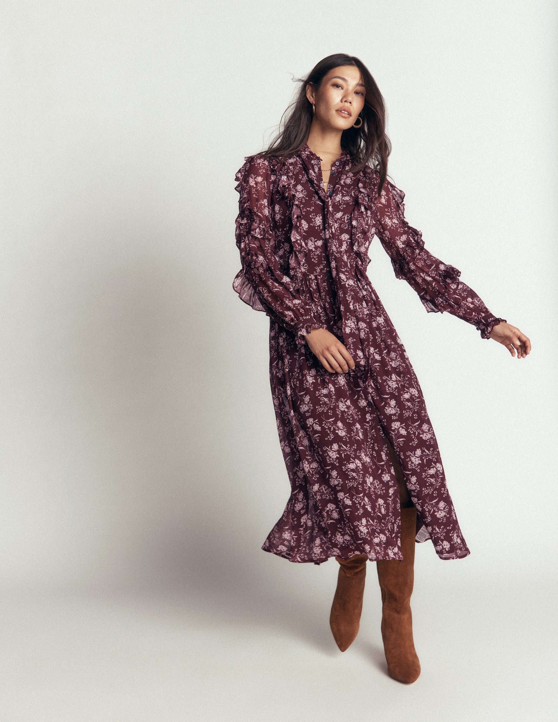 Ruffle Tie Neck Dress-Brown, Enchanted Sprigs-7