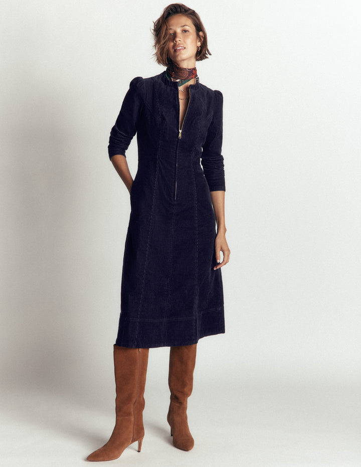 Una Cord Midi Dress-Navy