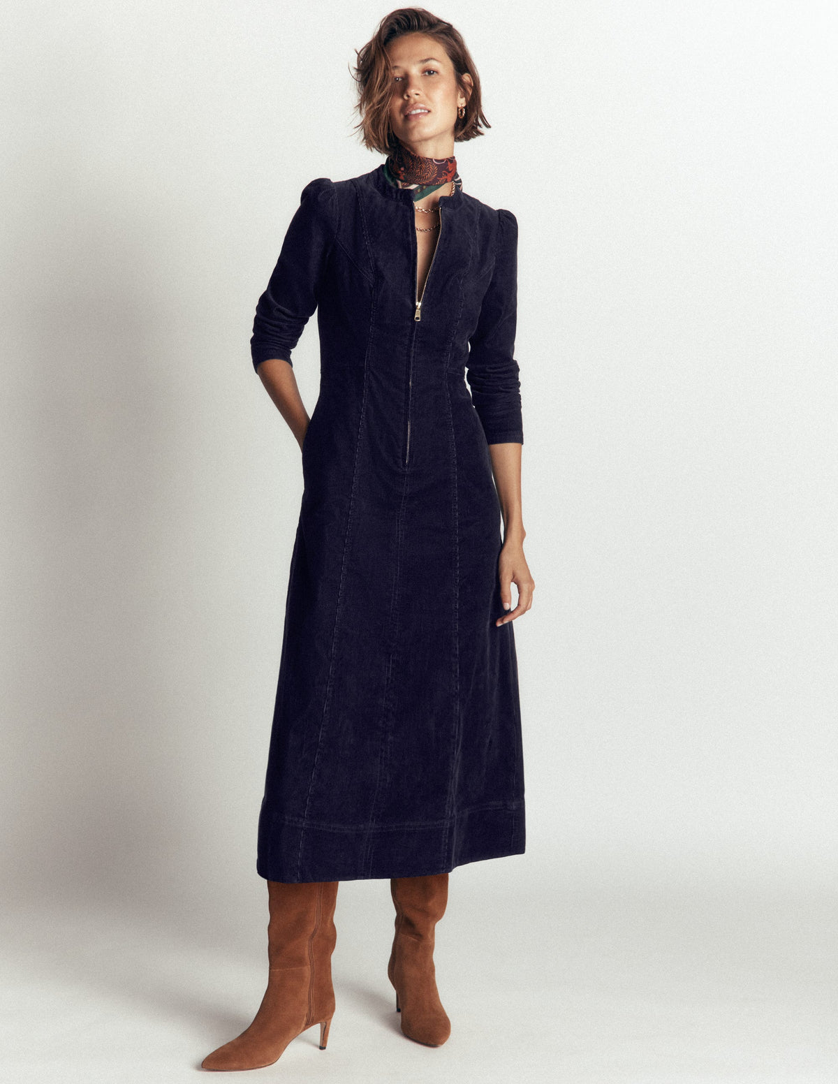 Una Cord Midi Dress-Navy-1