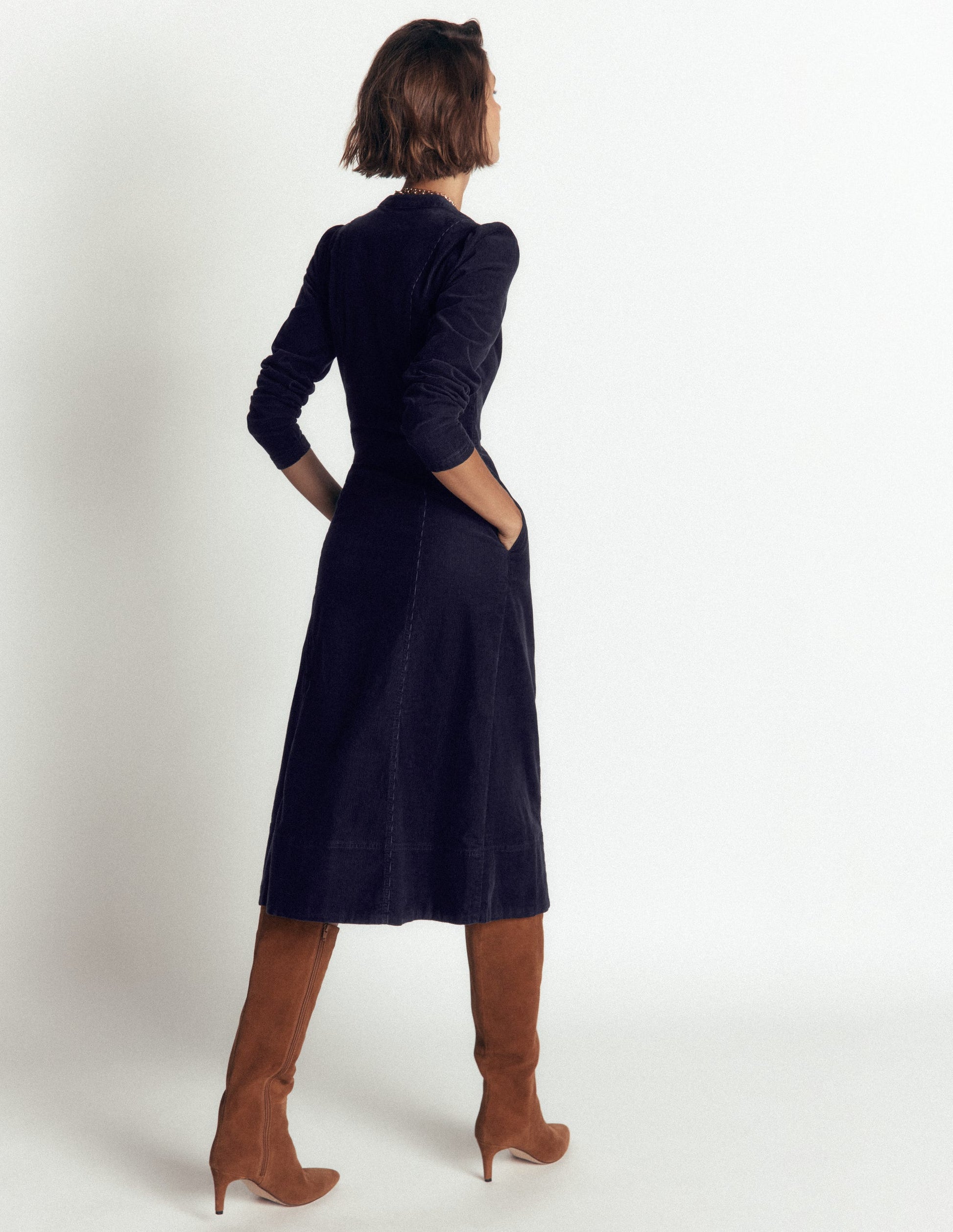 Una Cord Midi Dress-Navy-3
