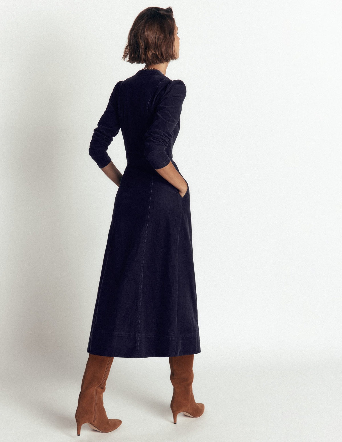 Una Cord Midi Dress-Navy-2