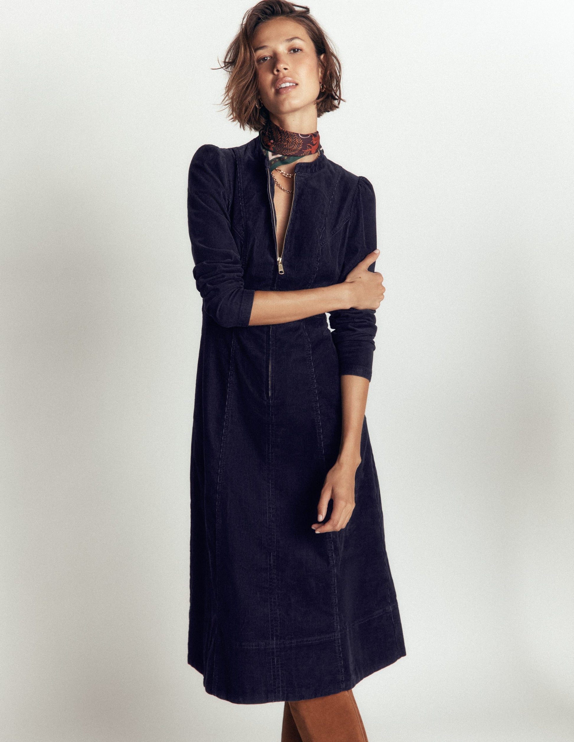 Una Cord Midi Dress-Navy-5