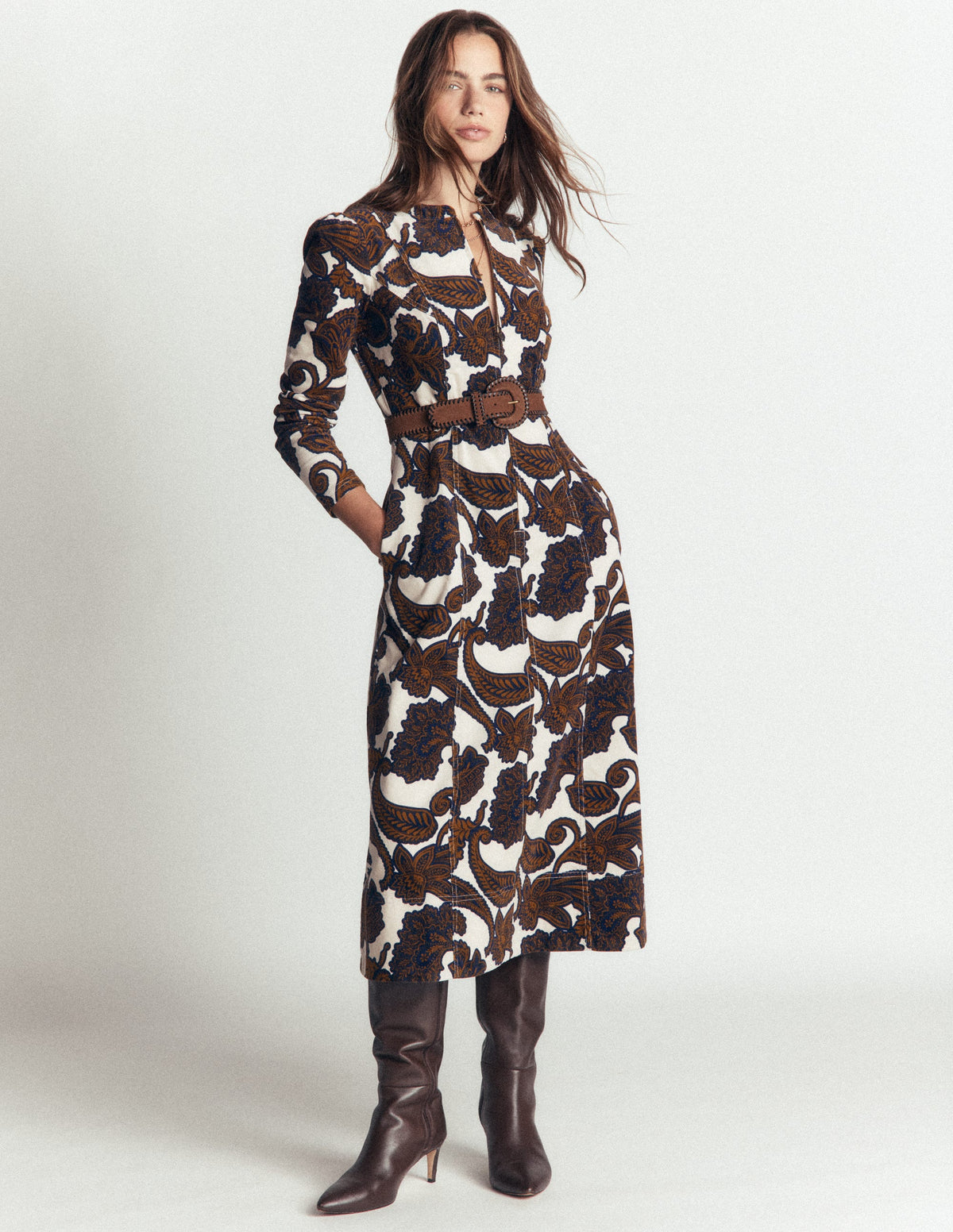 Una Cord Midi Dress-Almond Milk Paisley Bouquet-1