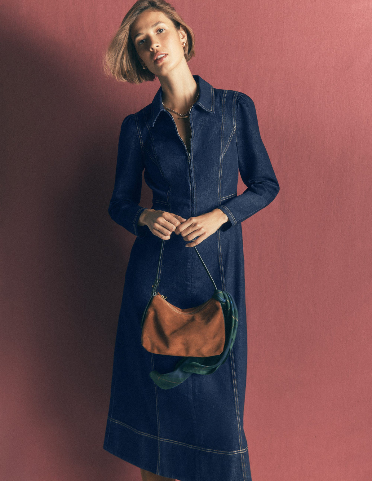 Una Collared Denim Midi Dress-Dark Vintage Denim - Image 1
