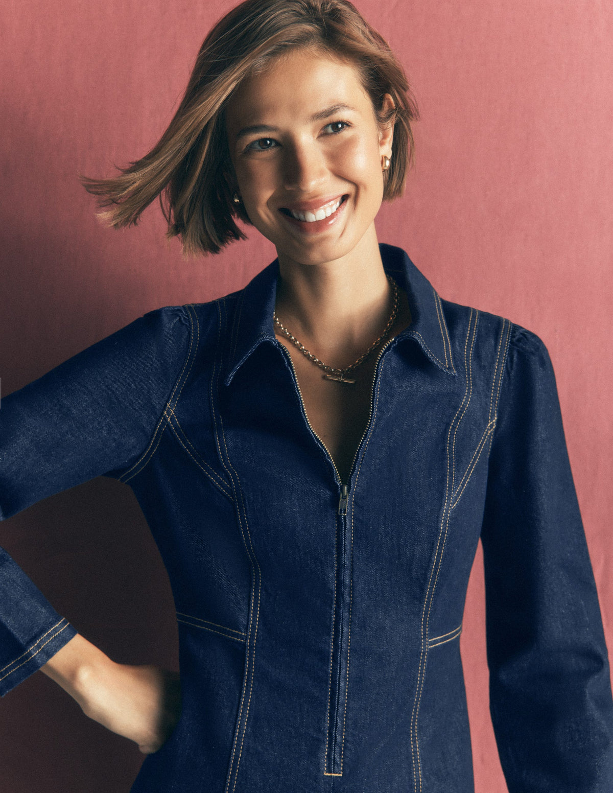 Una Collared Denim Midi Dress-Dark Vintage Denim - Image 2