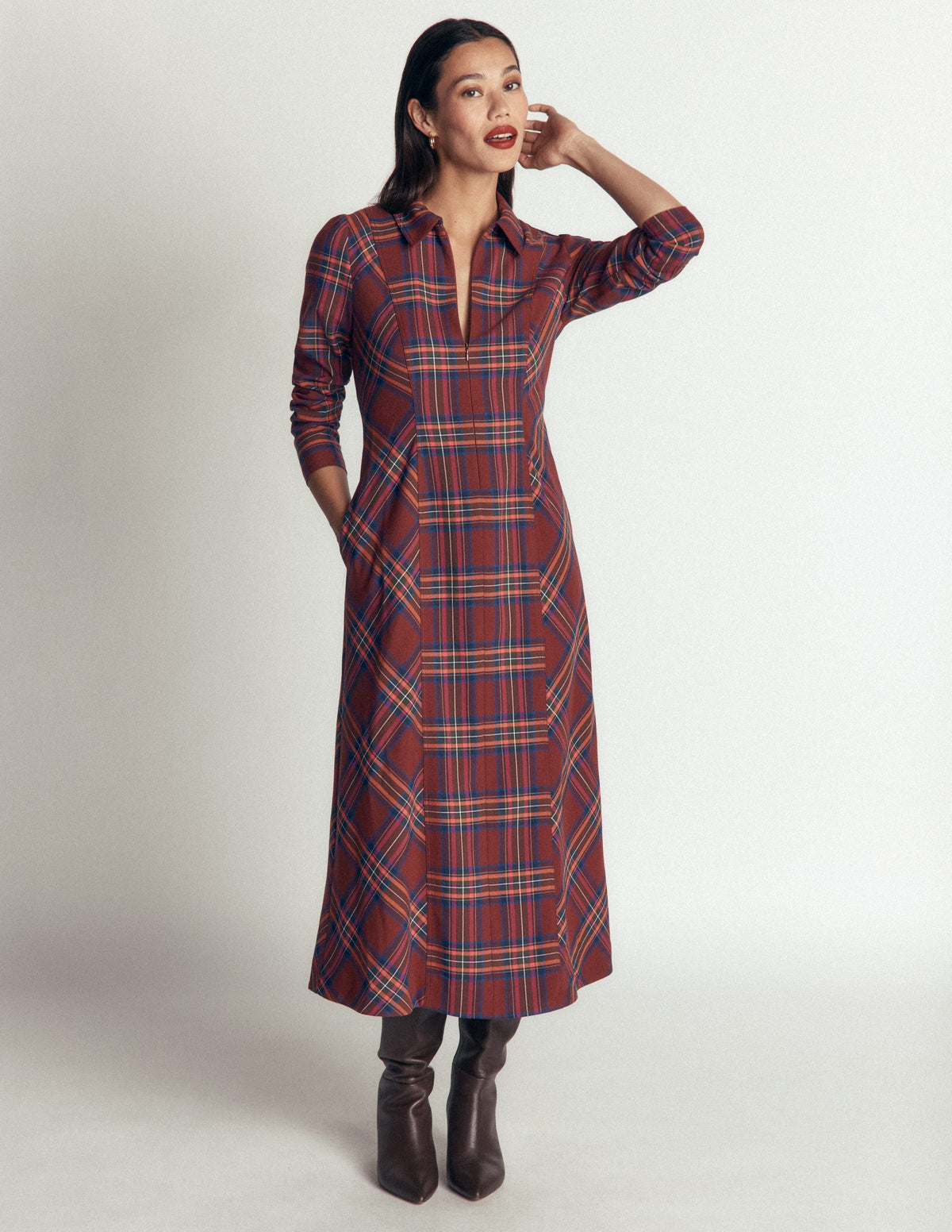 Una Collared Check Midi Dress-Brown, Blue and Orange Check-4