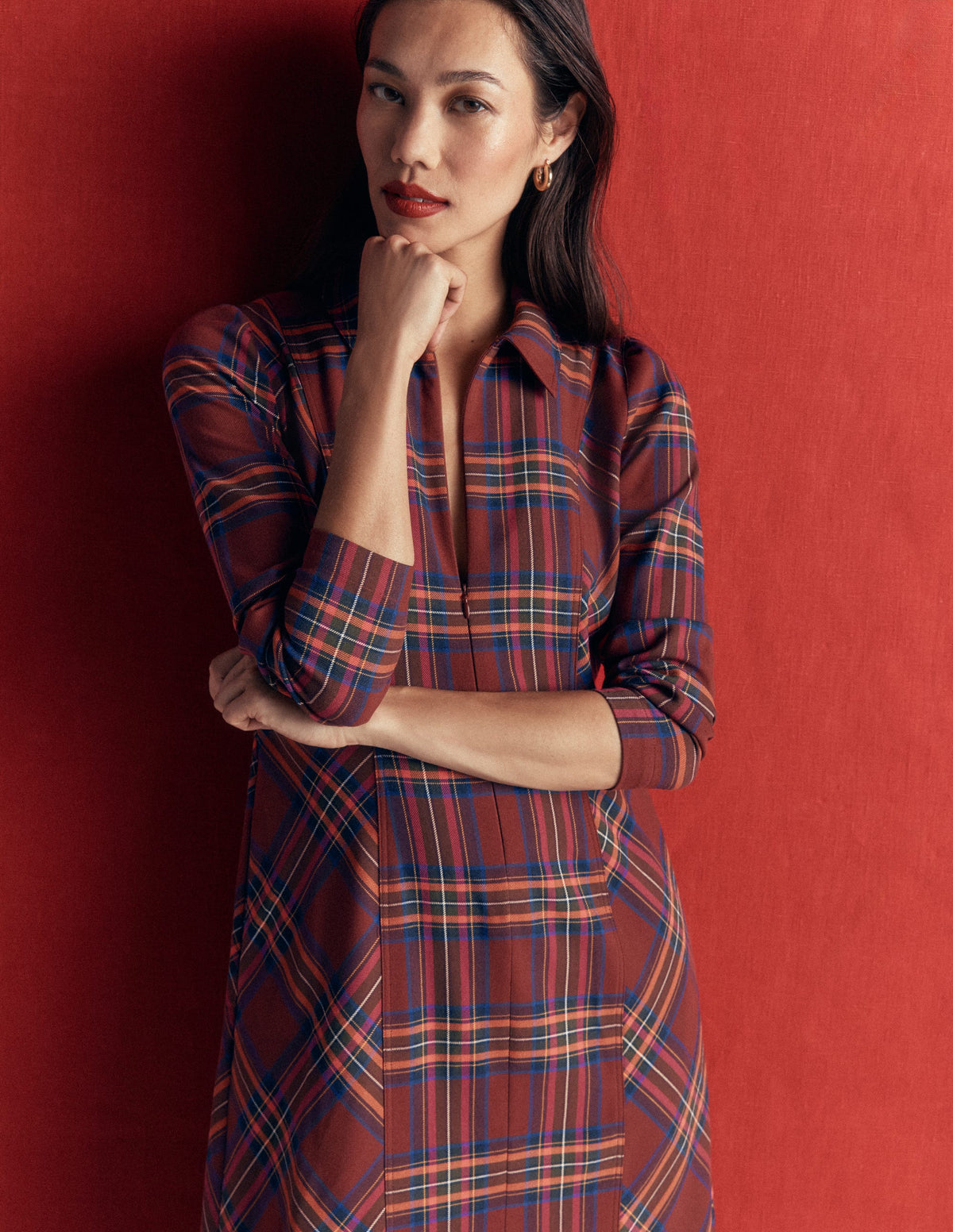 Una Collared Check Midi Dress-Brown, Blue and Orange Check-1