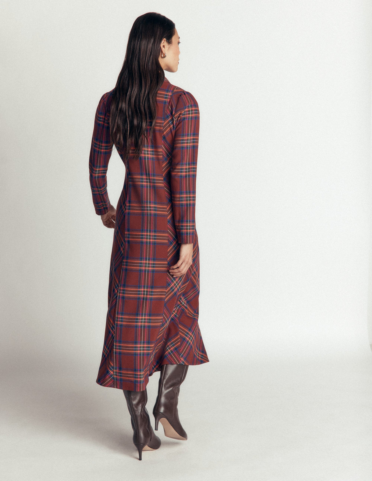 Una Collared Check Midi Dress-Brown, Blue and Orange Check-5