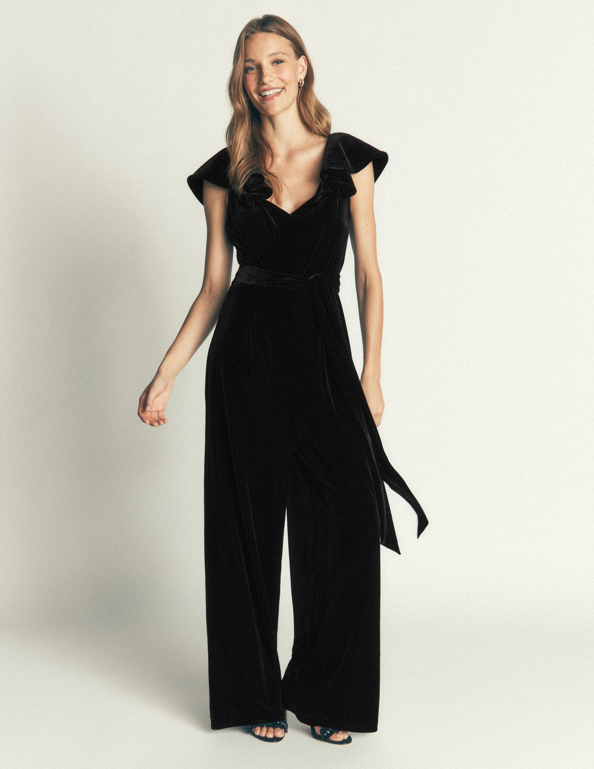 Ruffle Velvet Jumpsuit-Black - Image 1