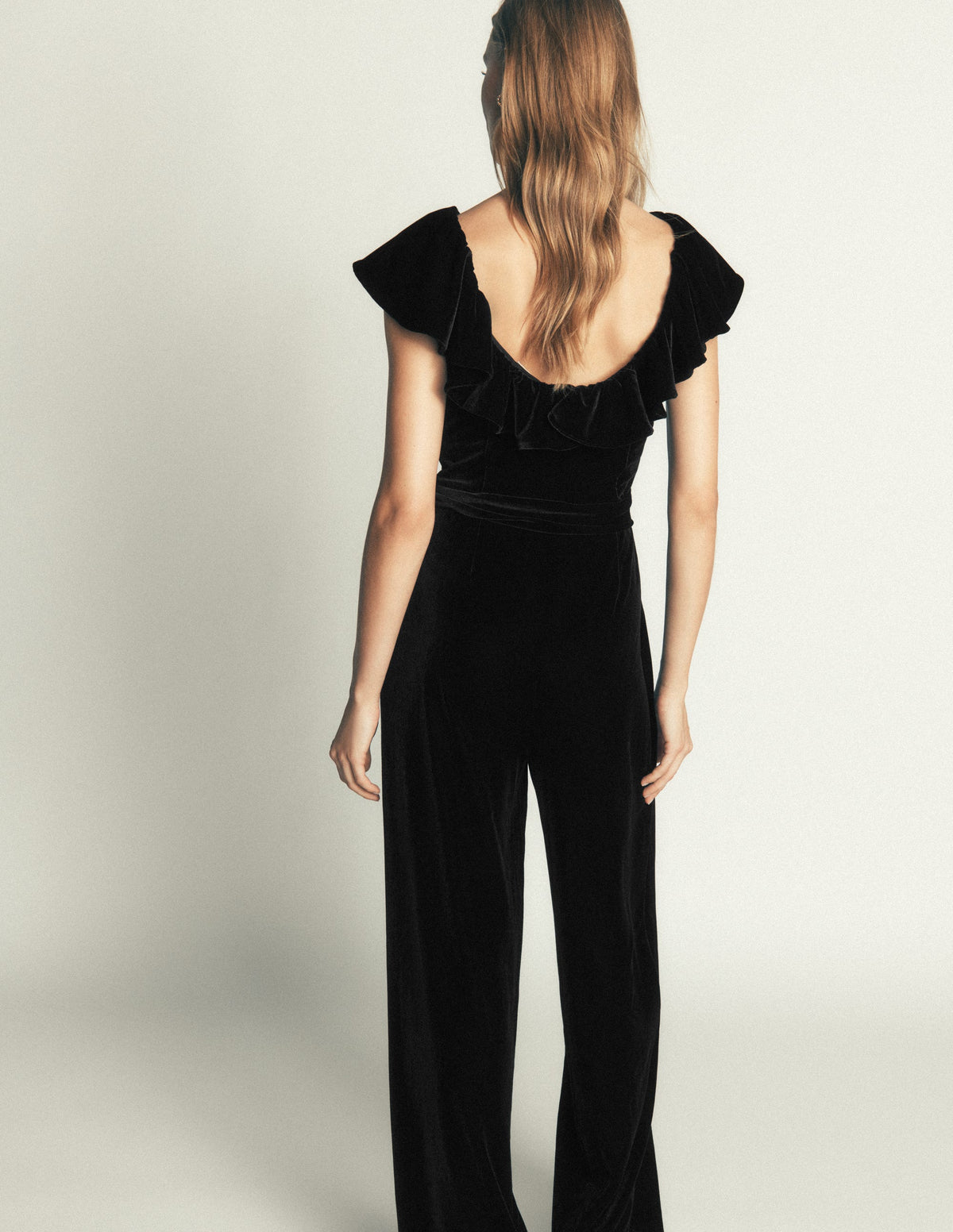 Ruffle Velvet Jumpsuit-Black-3