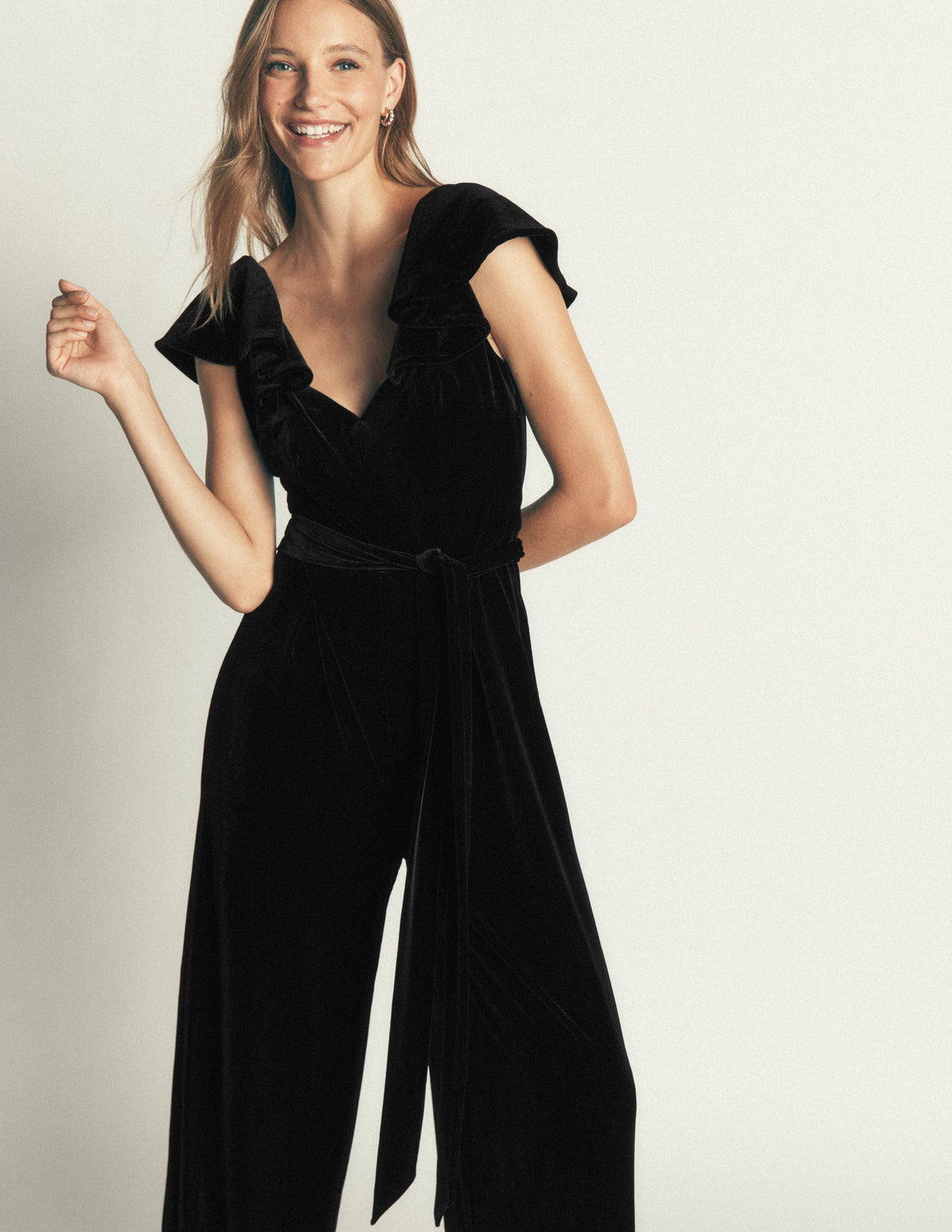 Ruffle Velvet Jumpsuit-Black-5