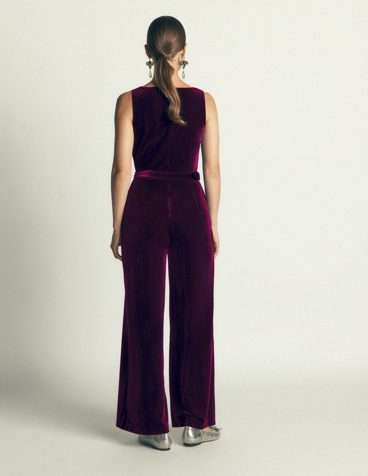Cowl Neck Velvet Jumpsuit-Dark Cherry-3