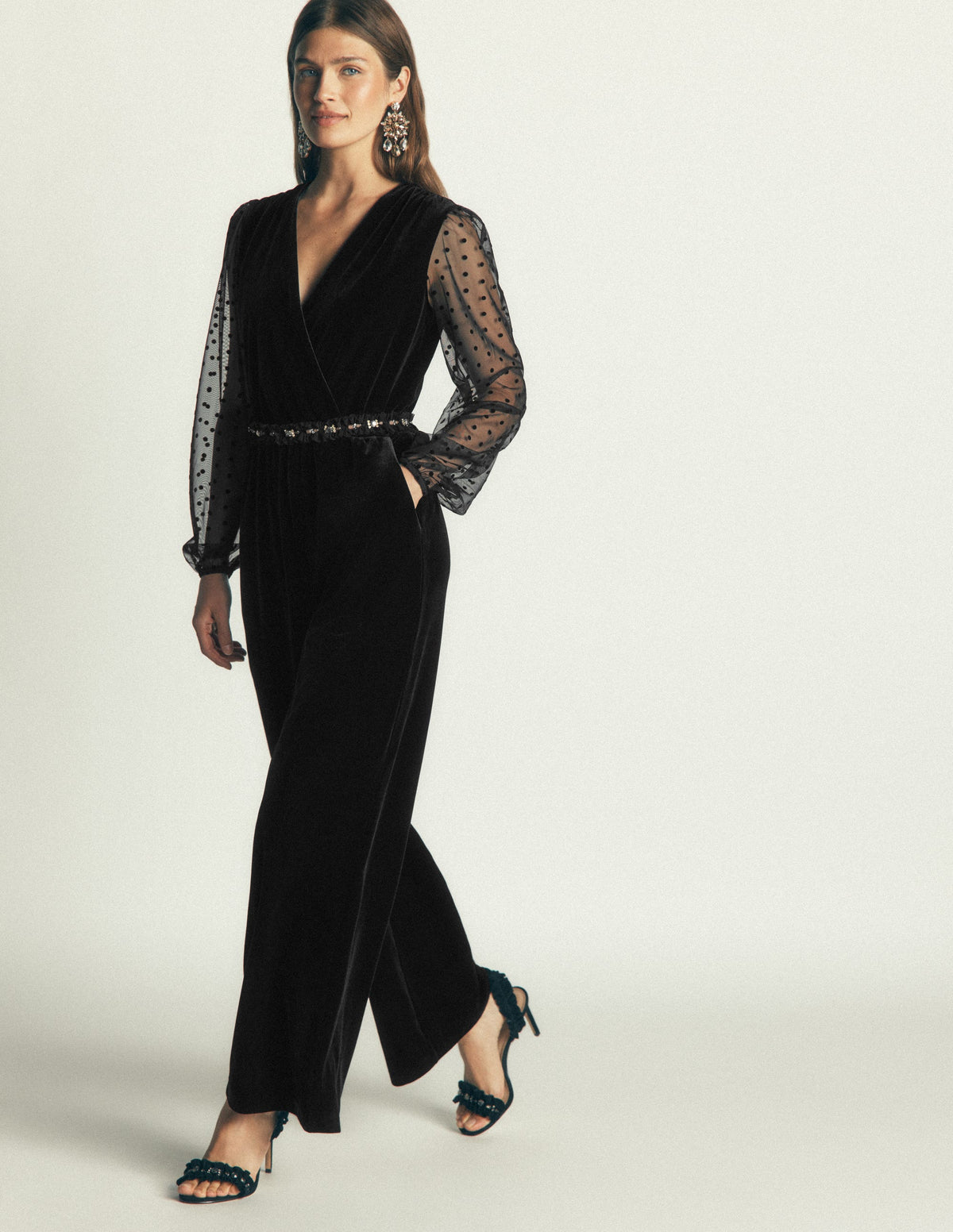 Velvet Tulle Sleeve Jumpsuit-Black - Image 1