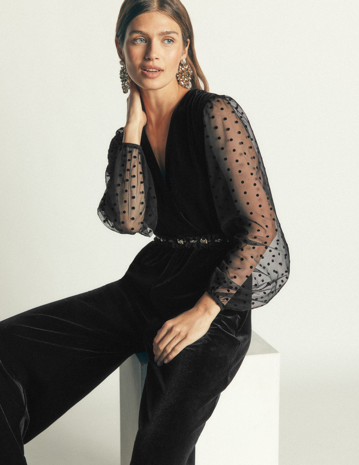 Velvet Tulle Sleeve Jumpsuit-Black-4