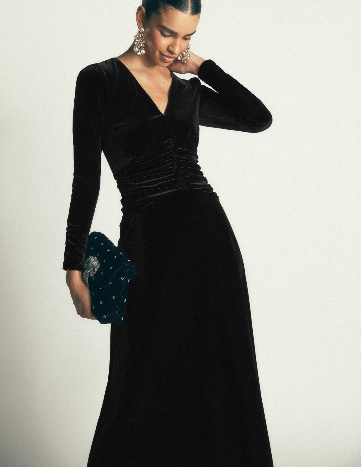 Mya Ruched Velvet Midi Dress-Black Beauty-4