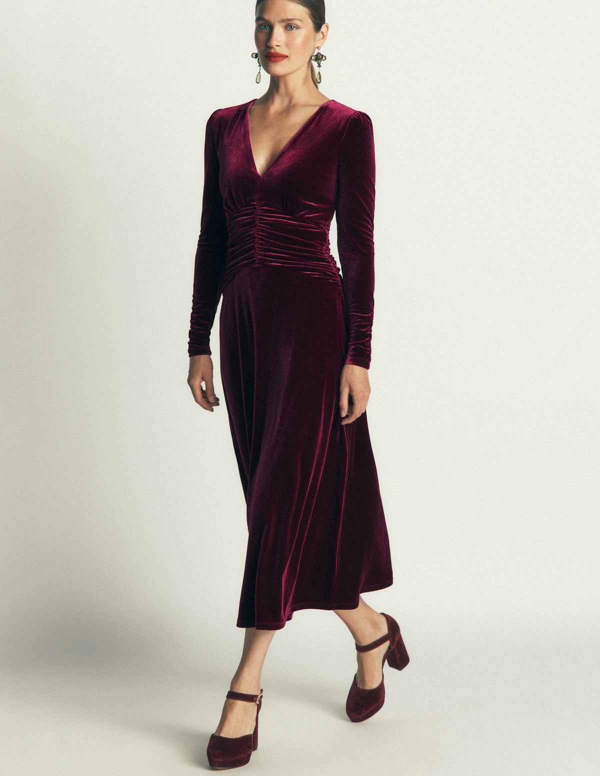 Mya Ruched Velvet Midi Dress-Beetroot Red-1