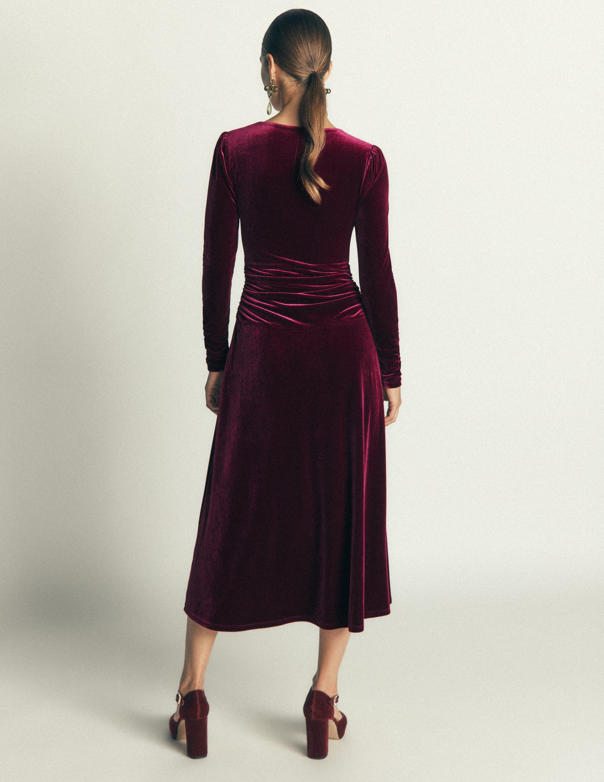 Mya Ruched Velvet Midi Dress-Beetroot Red-3