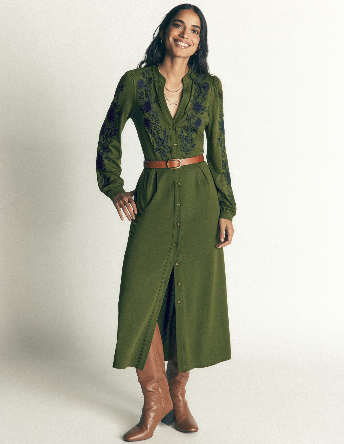 Juliet Jersey Midi Dress-Brunswick Green Embroidery-1