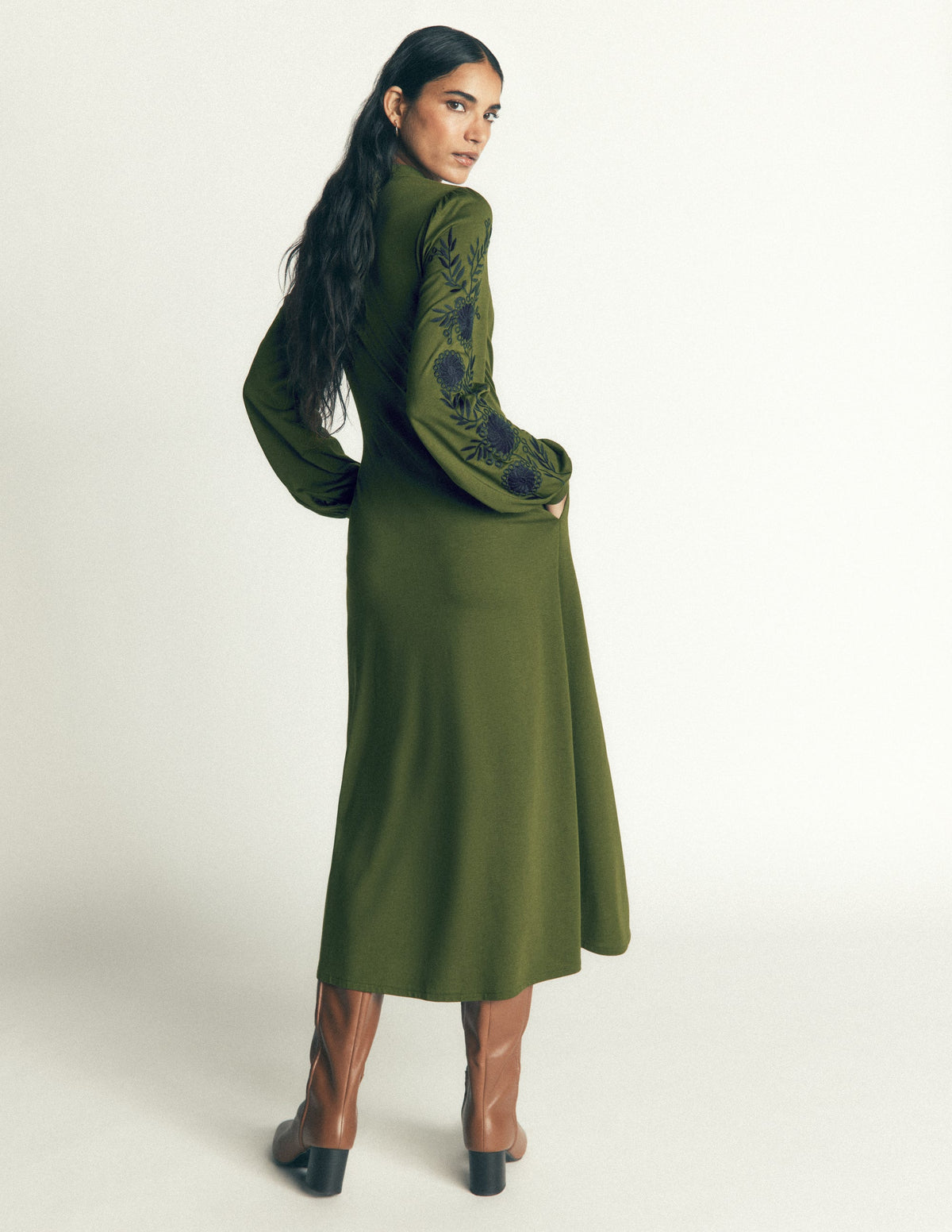 Juliet Jersey Midi Dress-Brunswick Green Embroidery-3