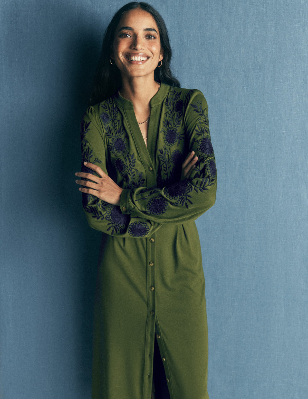 Juliet Jersey Midi Dress-Brunswick Green Embroidery-4