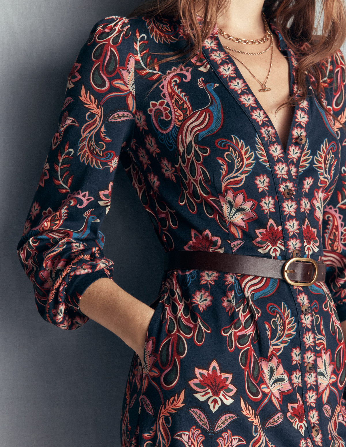 Juliet Jersey Midi Dress-Navy, Peacock Paradise - Image 2