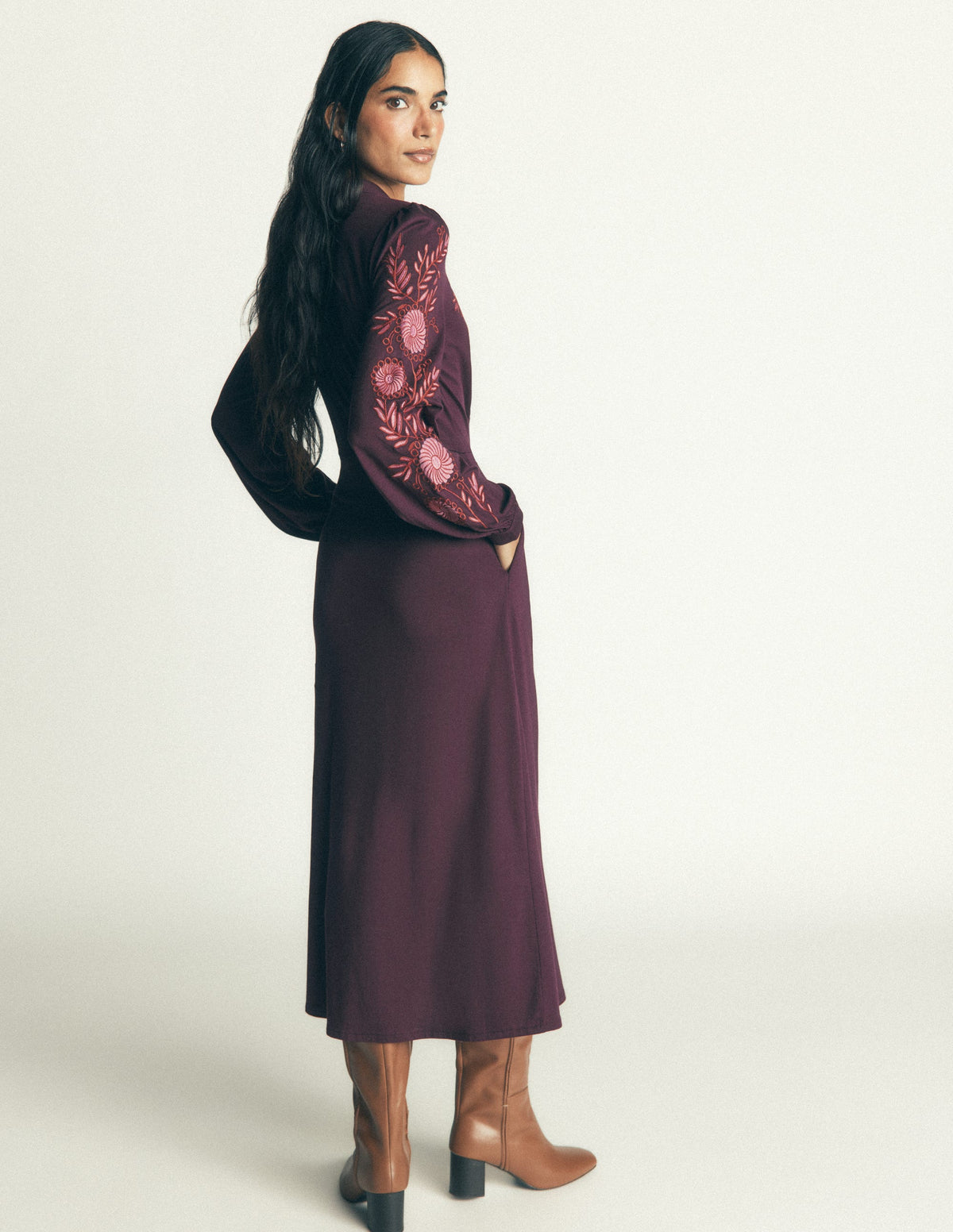 Juliet Jersey Midi Dress-Dark Cherry Embroidery-4