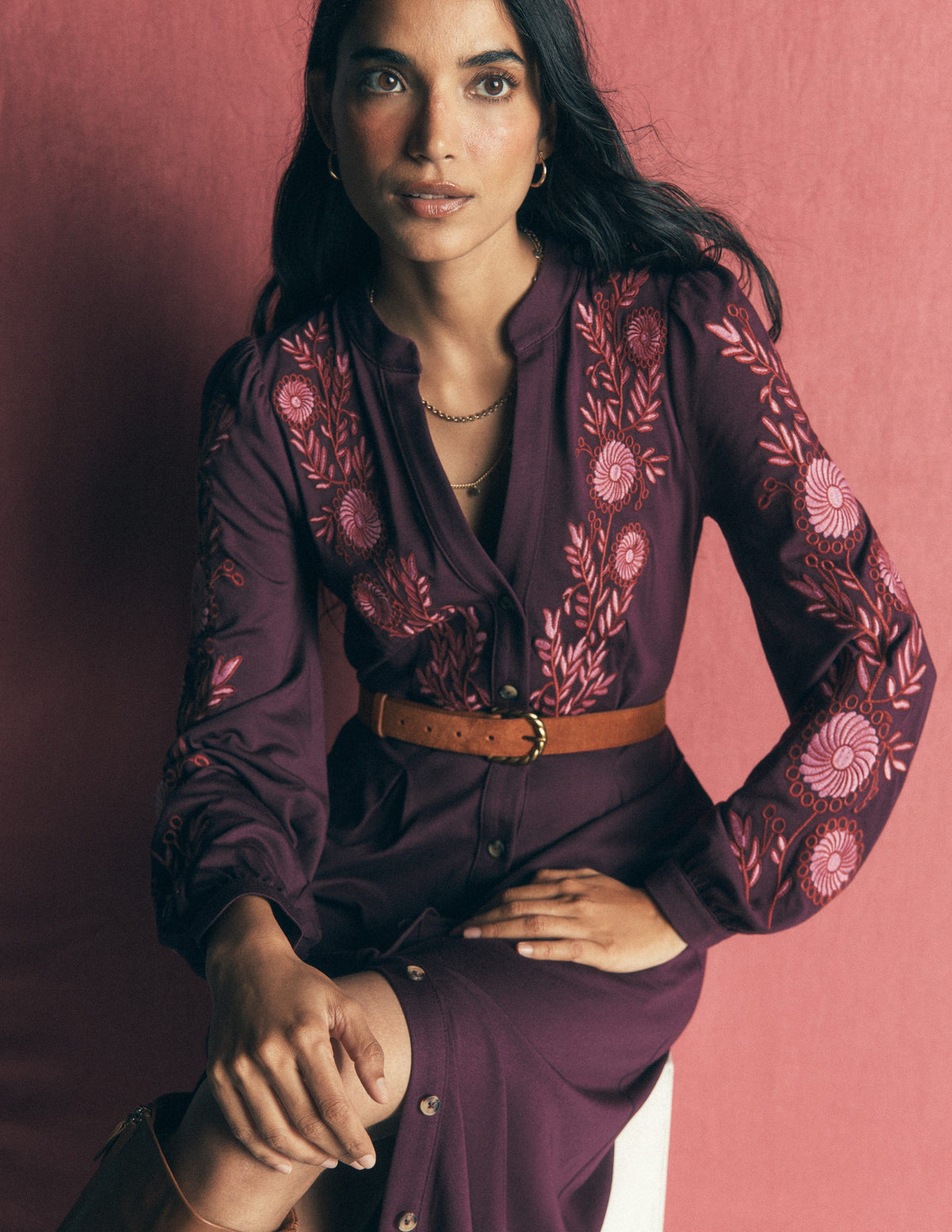 Juliet Jersey Midi Dress-Dark Cherry Embroidery-5