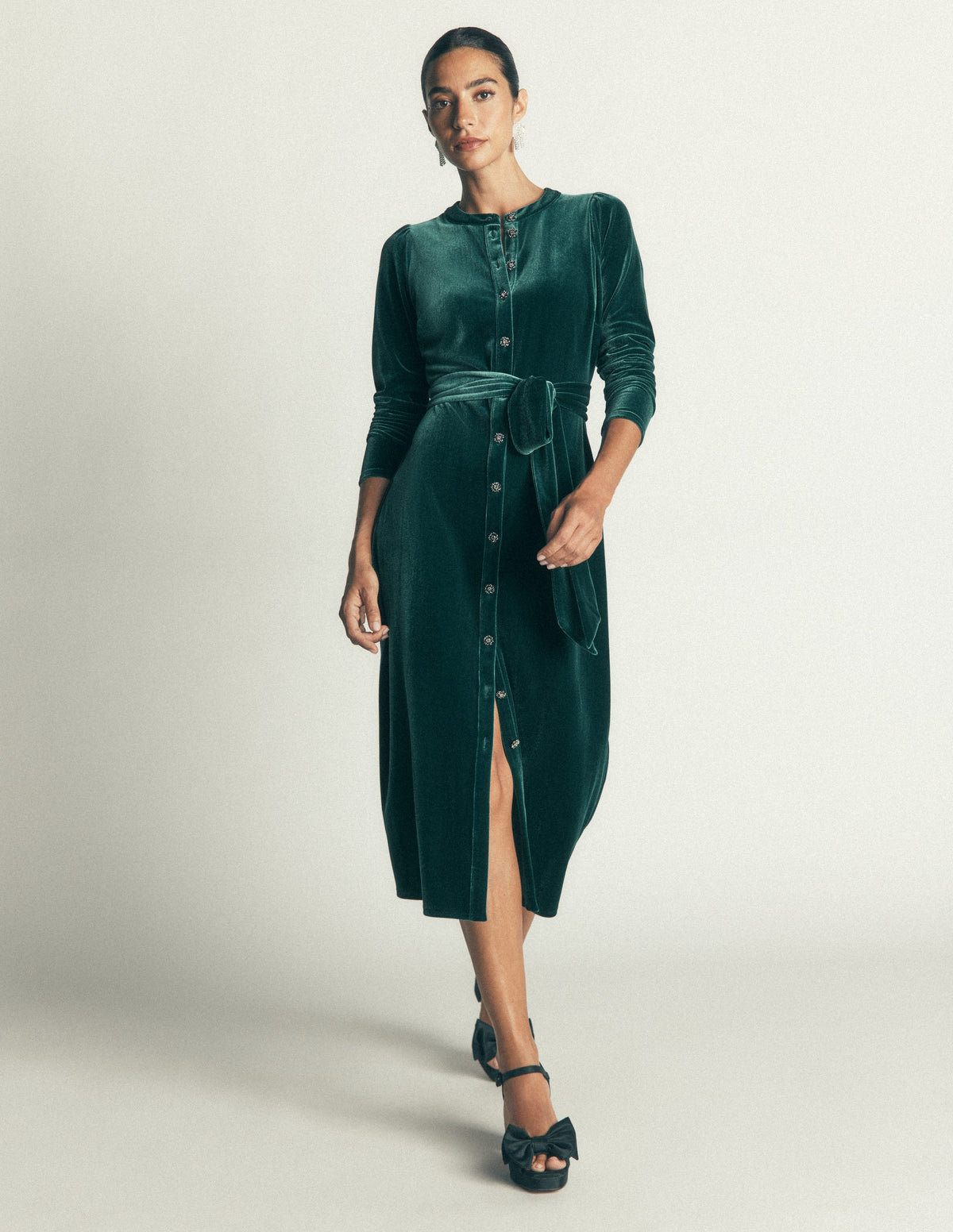 Honor Column Velvet Midi Dress-Emerald Night-4