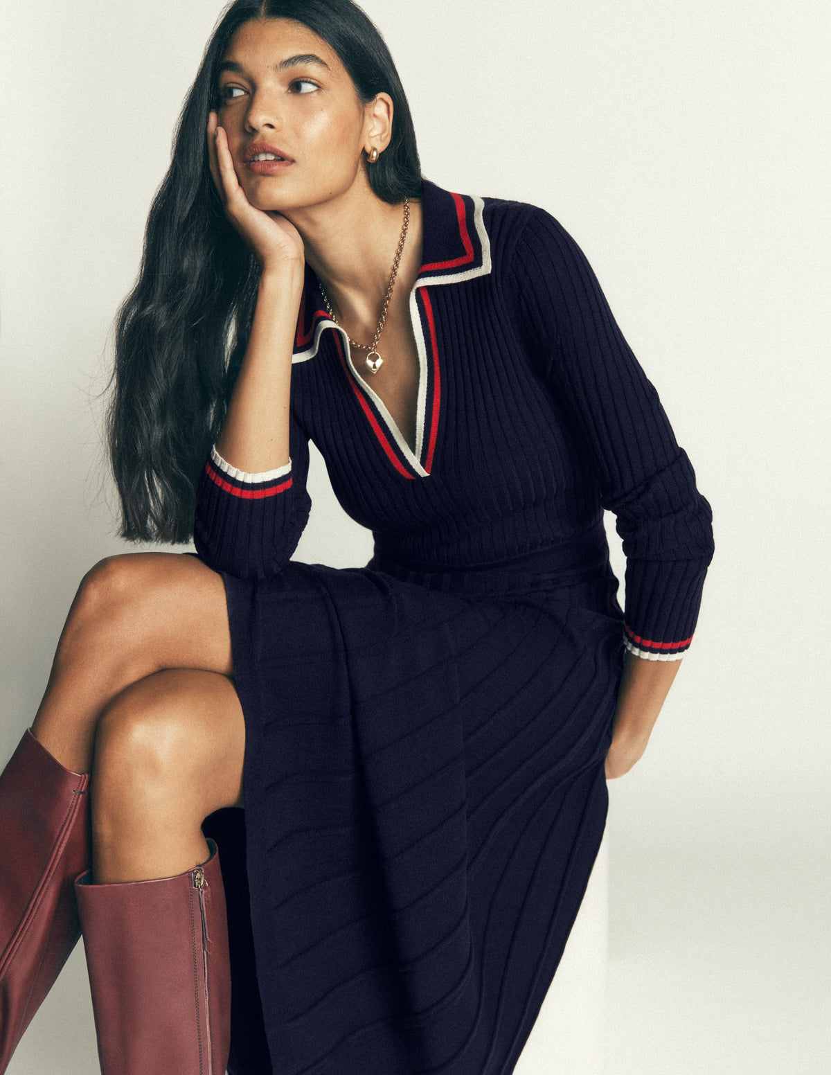 Ribbed Henley Knitted Dress-Navy-1