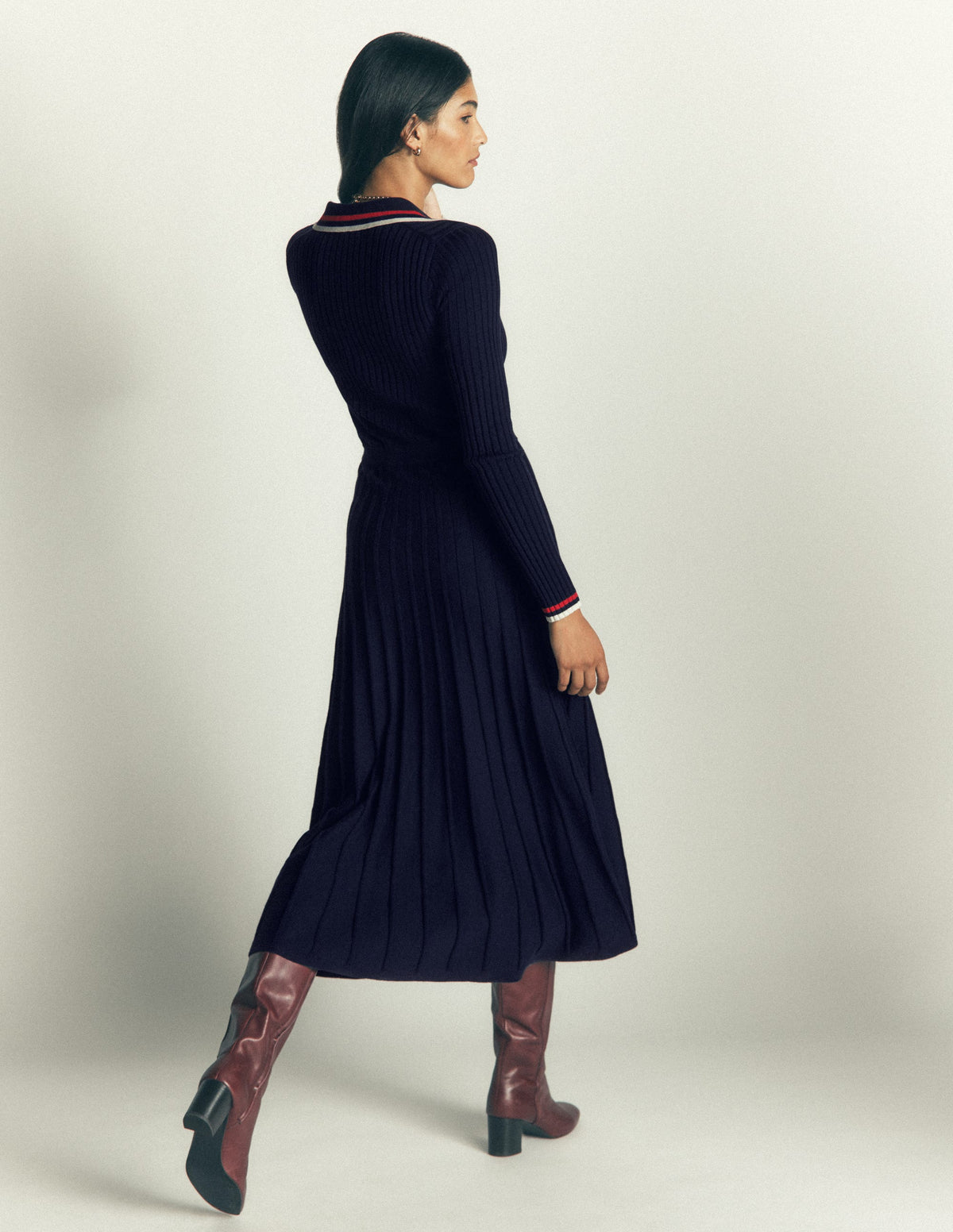 Ribbed Henley Knitted Dress-Navy-3